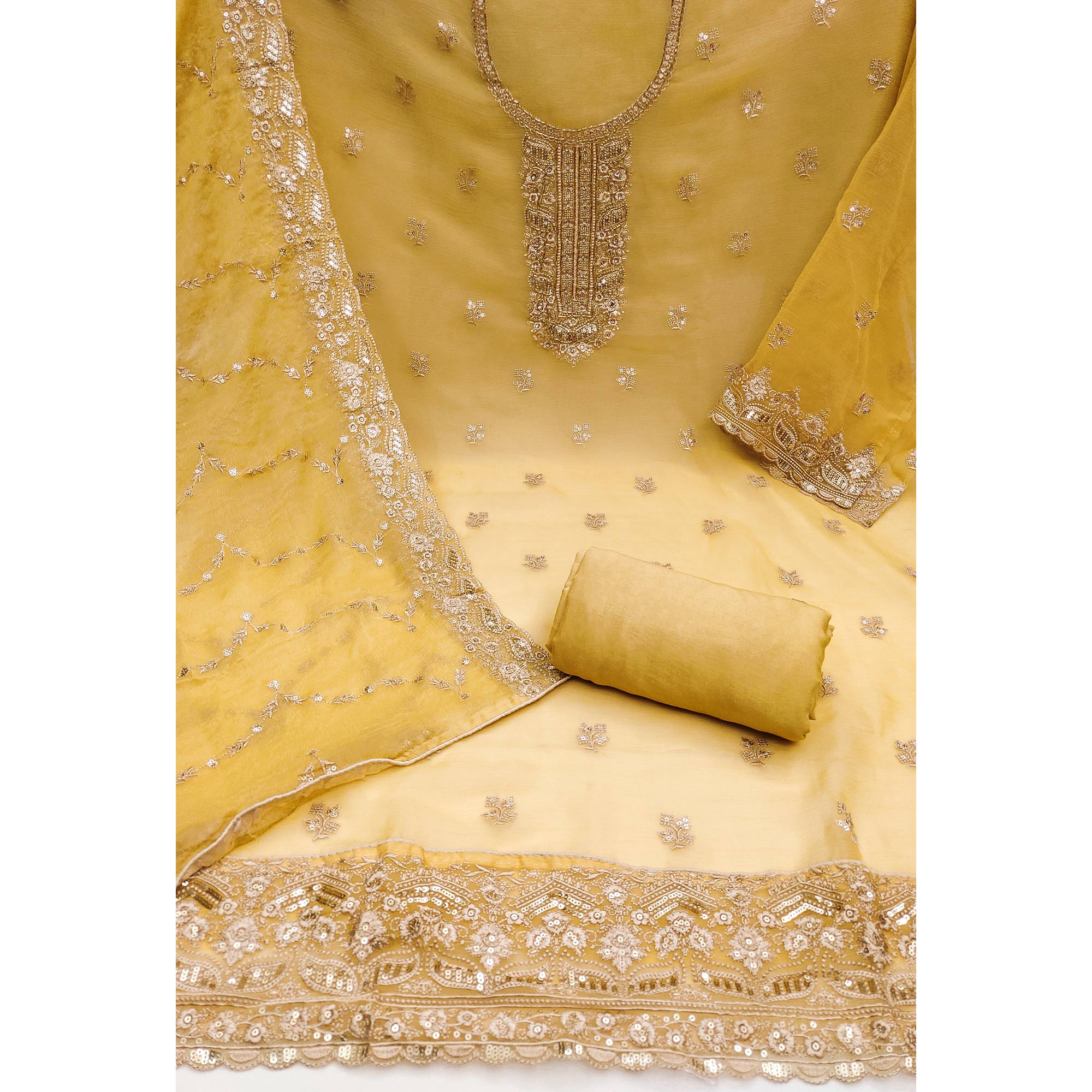 Mustard Floral Embroidered Chiffon Dress Material