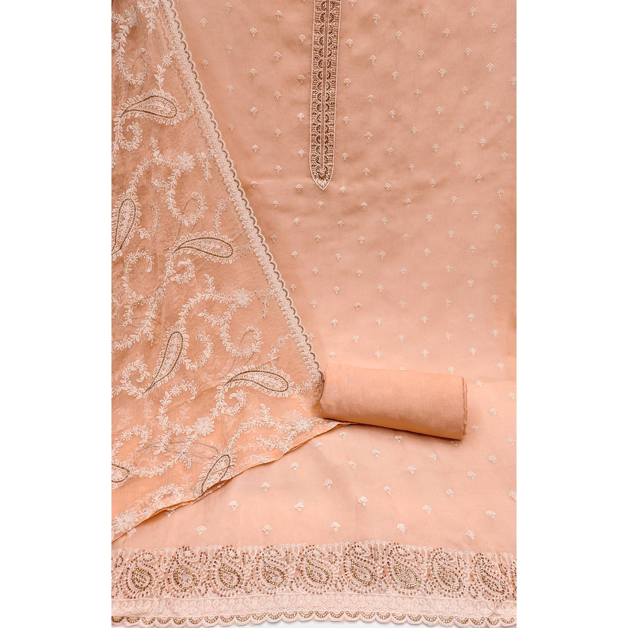 Peach Embroidered Organza Dress Material