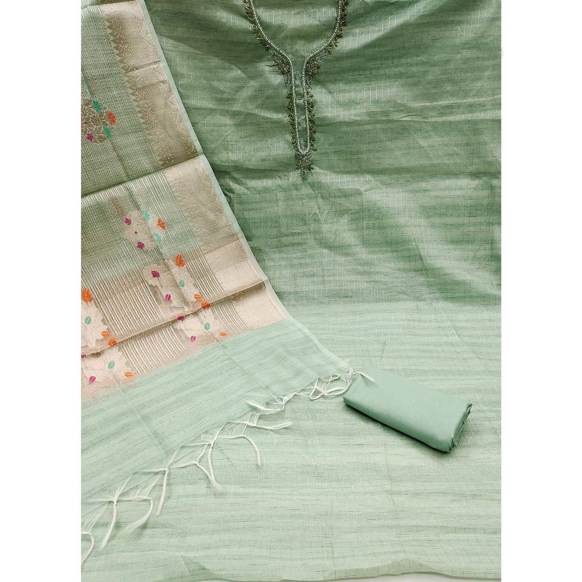 Green Woven With Handwork Tissue Dress Material