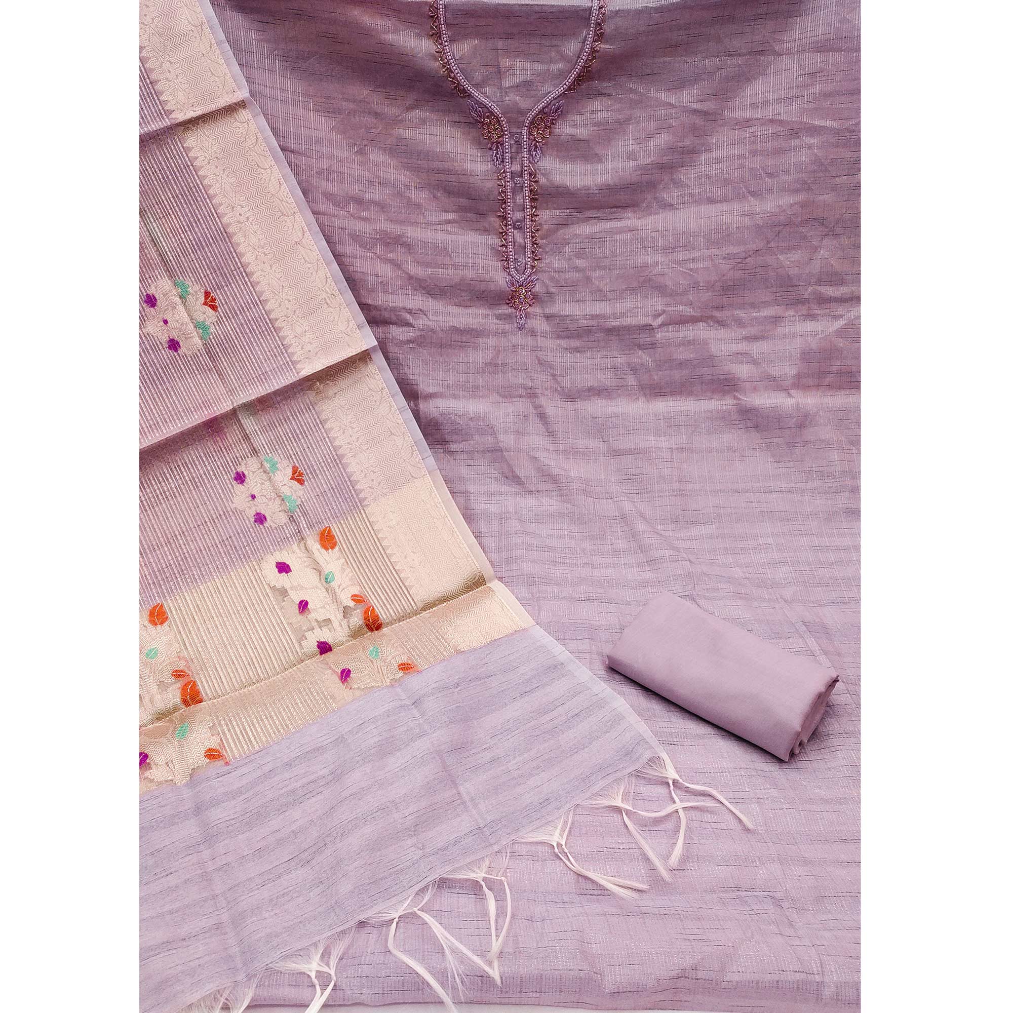 Purple Woven With Handwork Tissue Dress Material