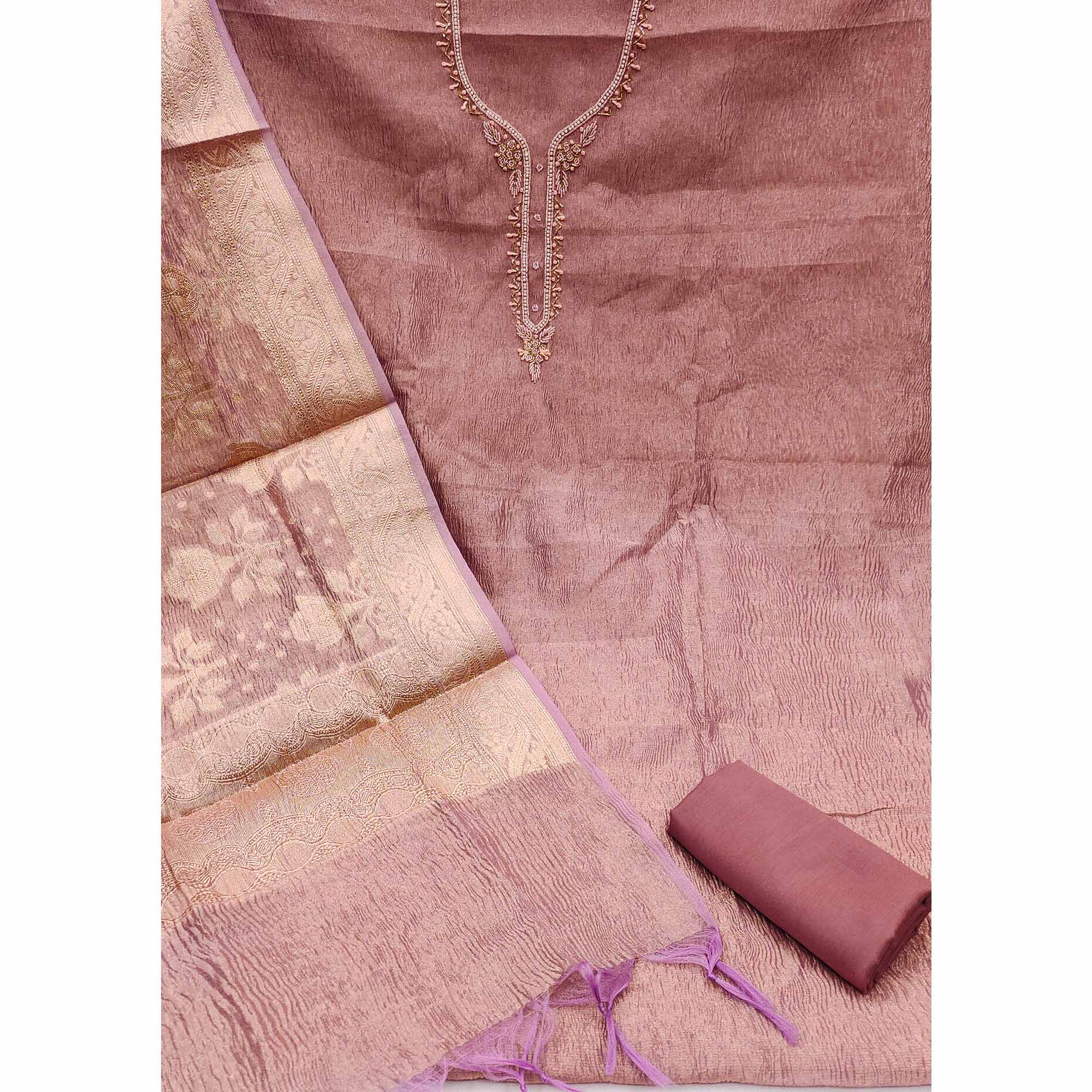 Mauve Woven With Handwork Crush Tissue Dress Material