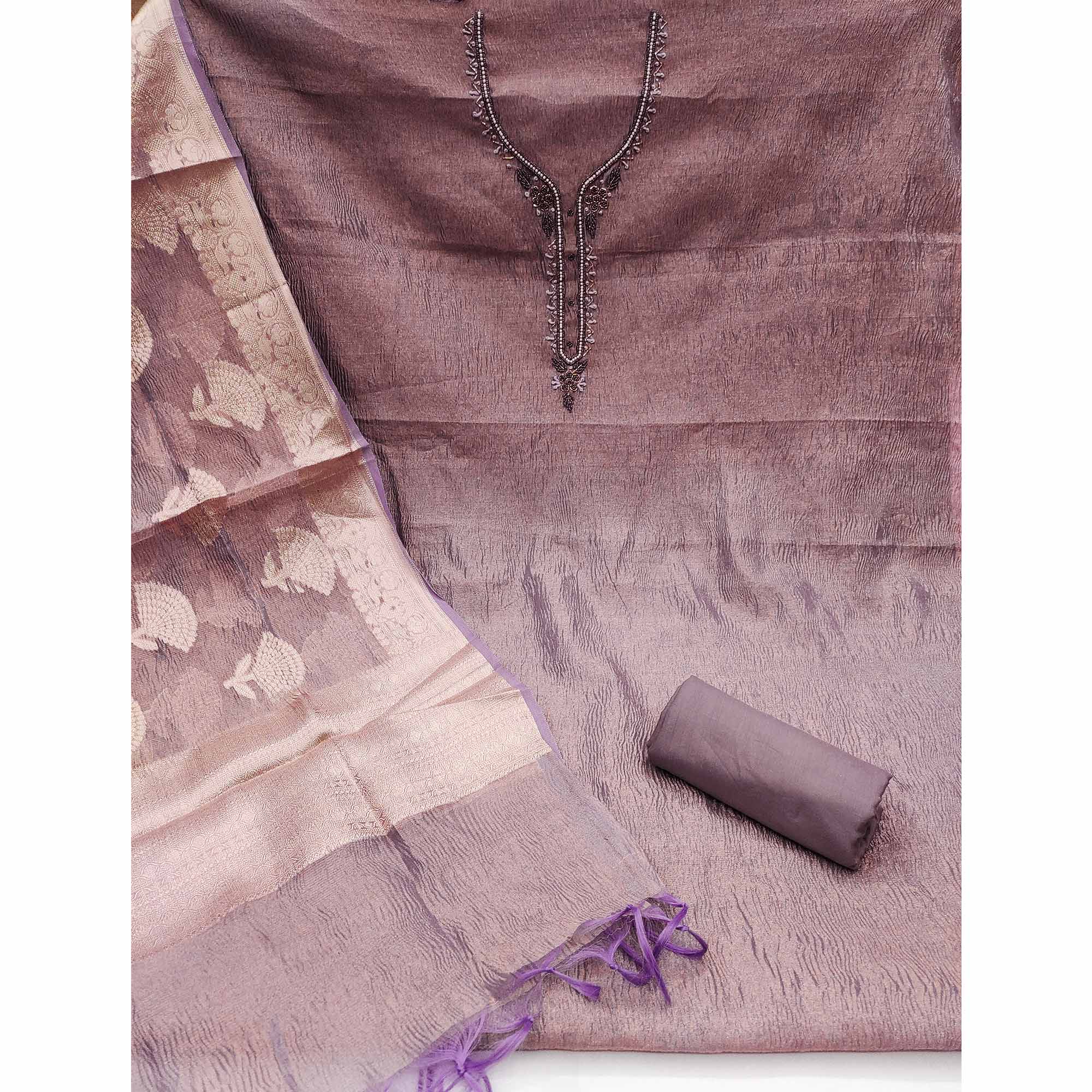 Purple Woven With Handwork Crush Tissue Dress Material