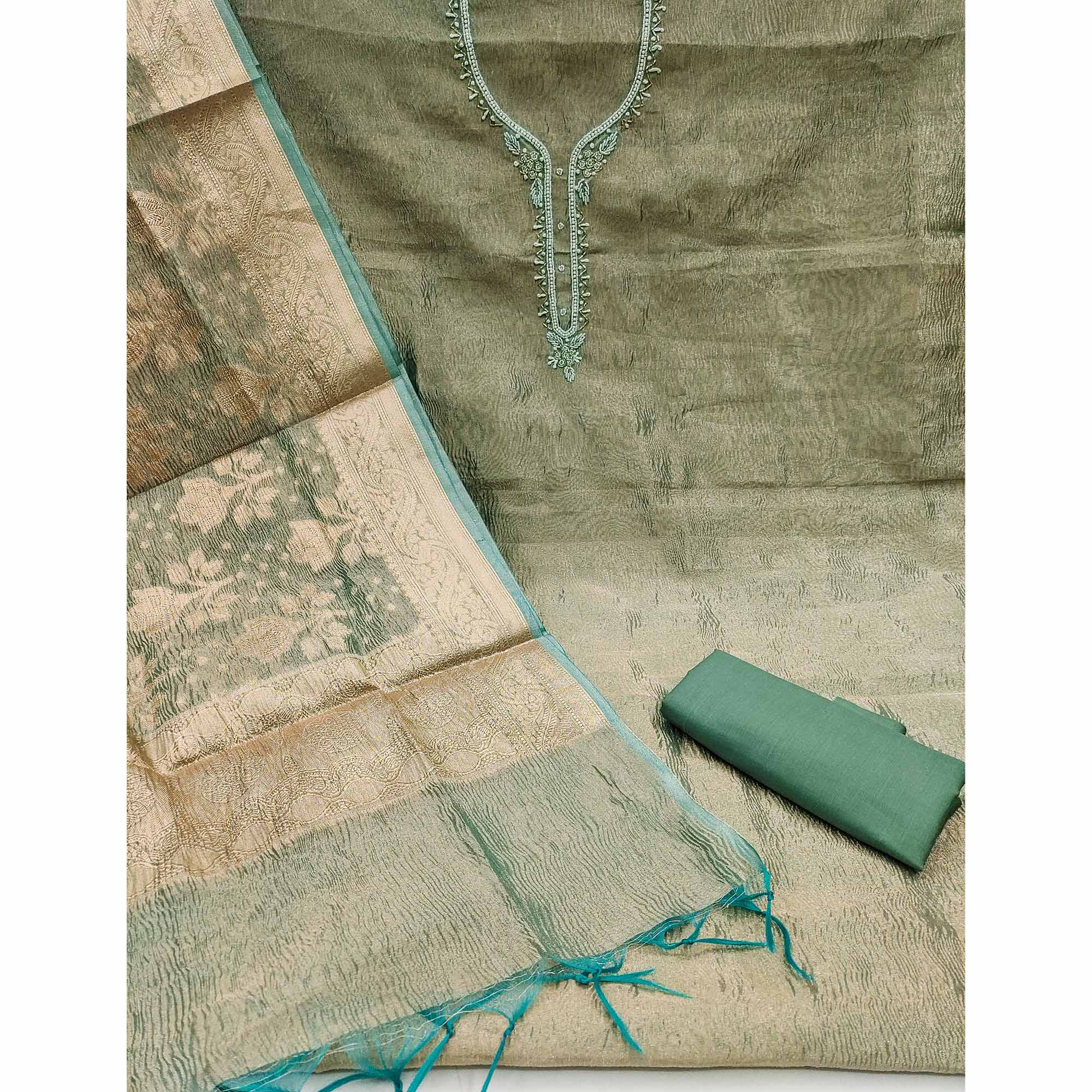 Rama Green Woven With Handwork Crush Tissue Dress Material