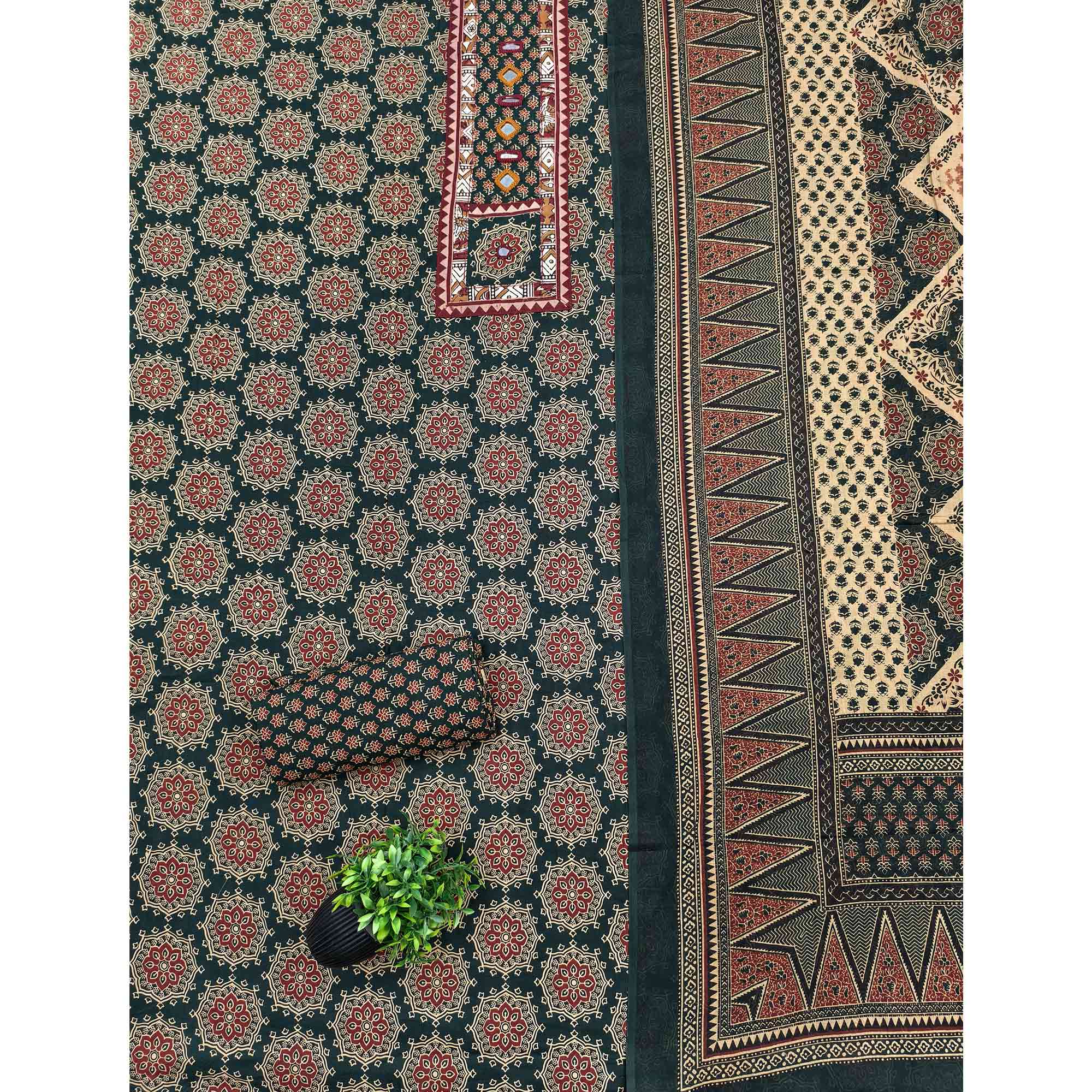 Ethnic Green Floral Printed Pure Cotton Dress Material Accented With Fine Neck Embroidery Work