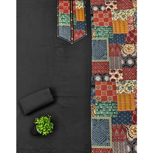 Ethnic Black Solid With Printed Pure Cotton Dress Material With Neck Embroidery Work