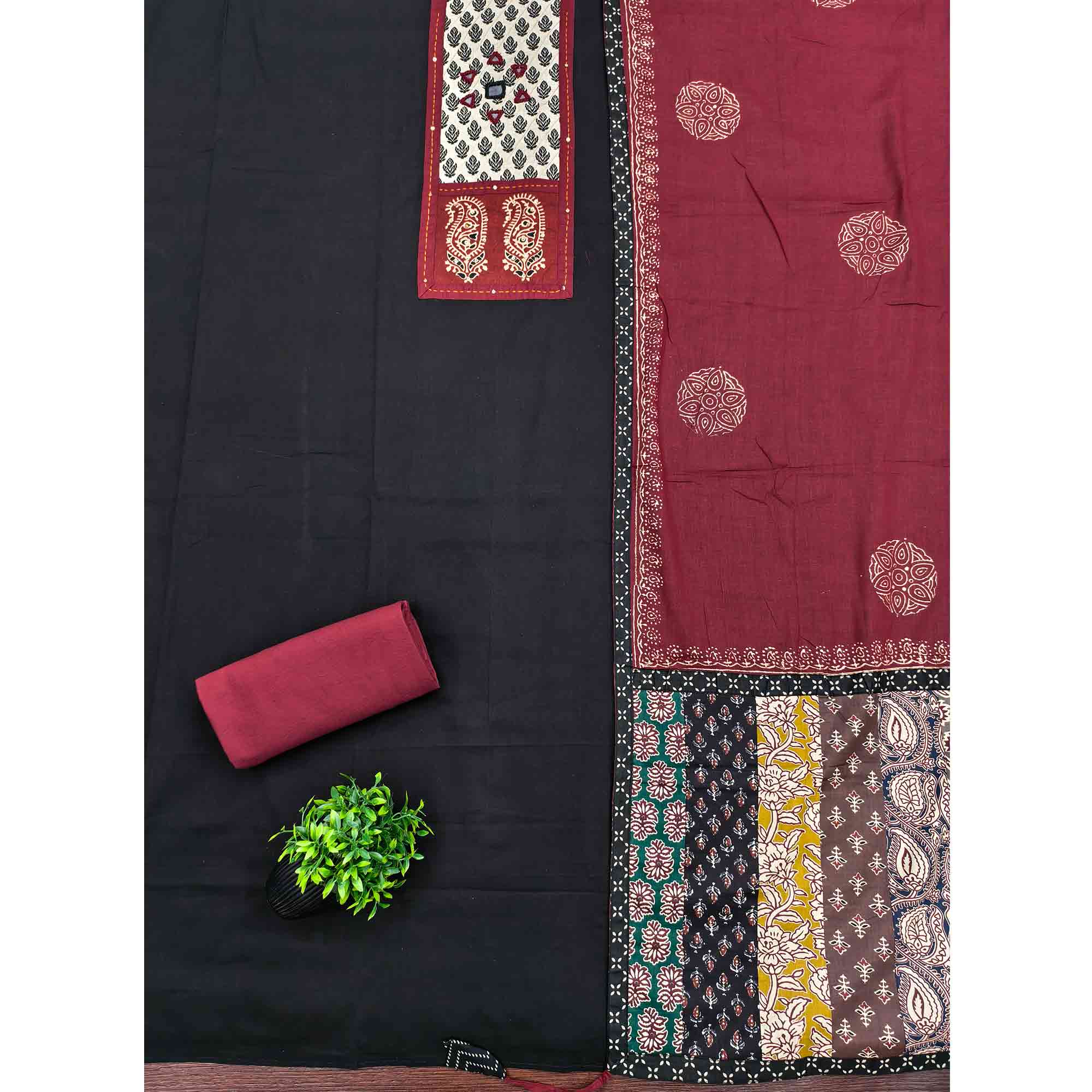Trendy Black Solid With Printed Pure Cotton Dress Material With Neck Sequins Embroidery Work