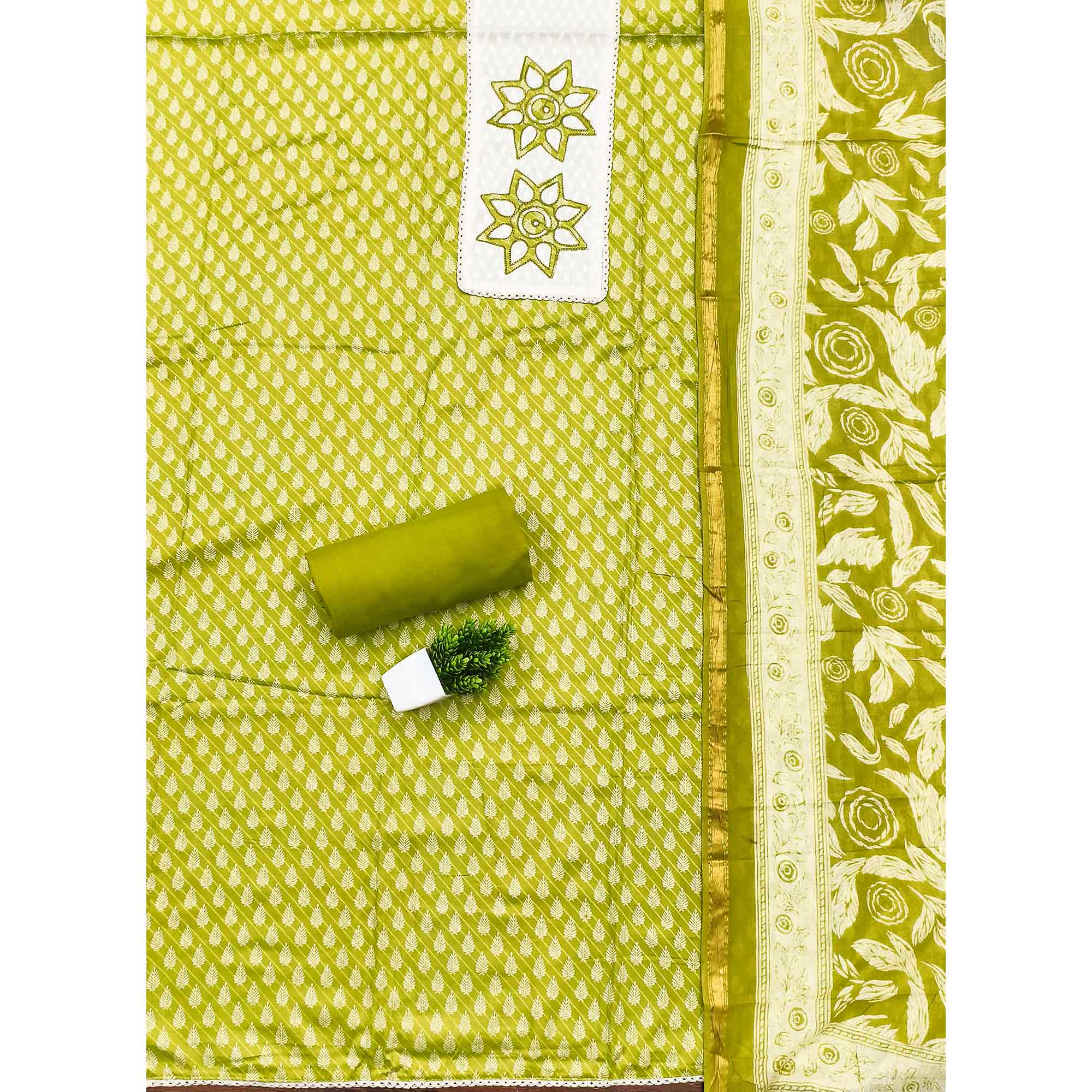 Green Leaf & Striped Printed Pure Cotton Dress Material Accented With Floral Embroidered Neckline