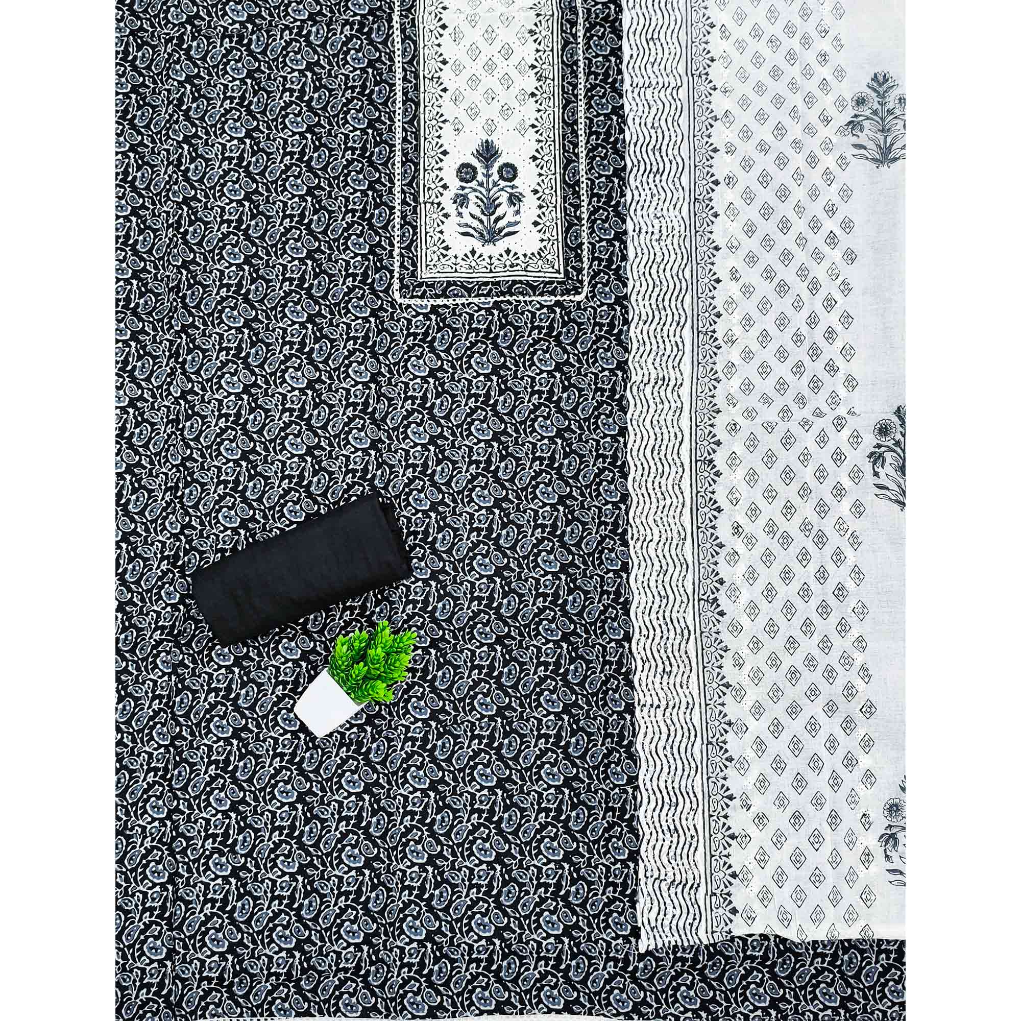 Refined Black Floral Printed Pure Cotton Dress Material With A Clean Contemporary Look