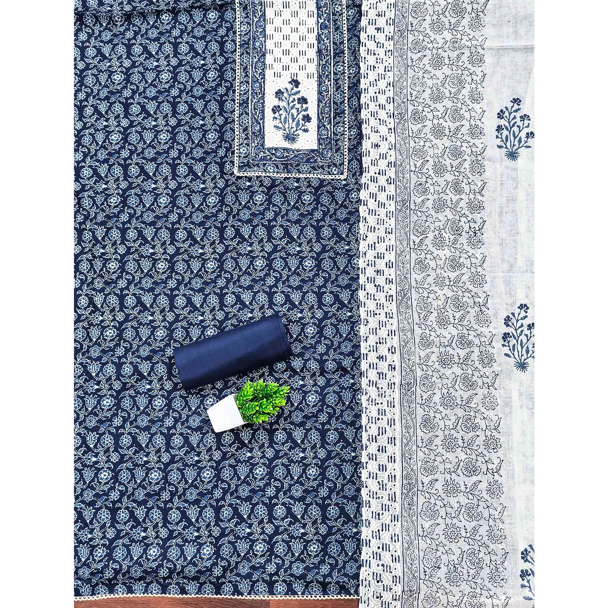 Refined Blue Floral Printed Pure Cotton Dress Material With A Clean Contemporary Look