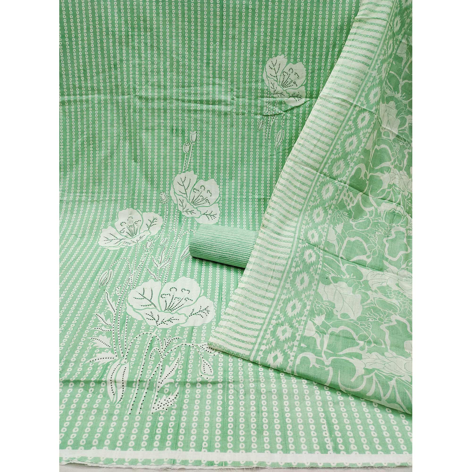 Green Floral Printed With Yoke Embroidered Pure Cotton Dress Material