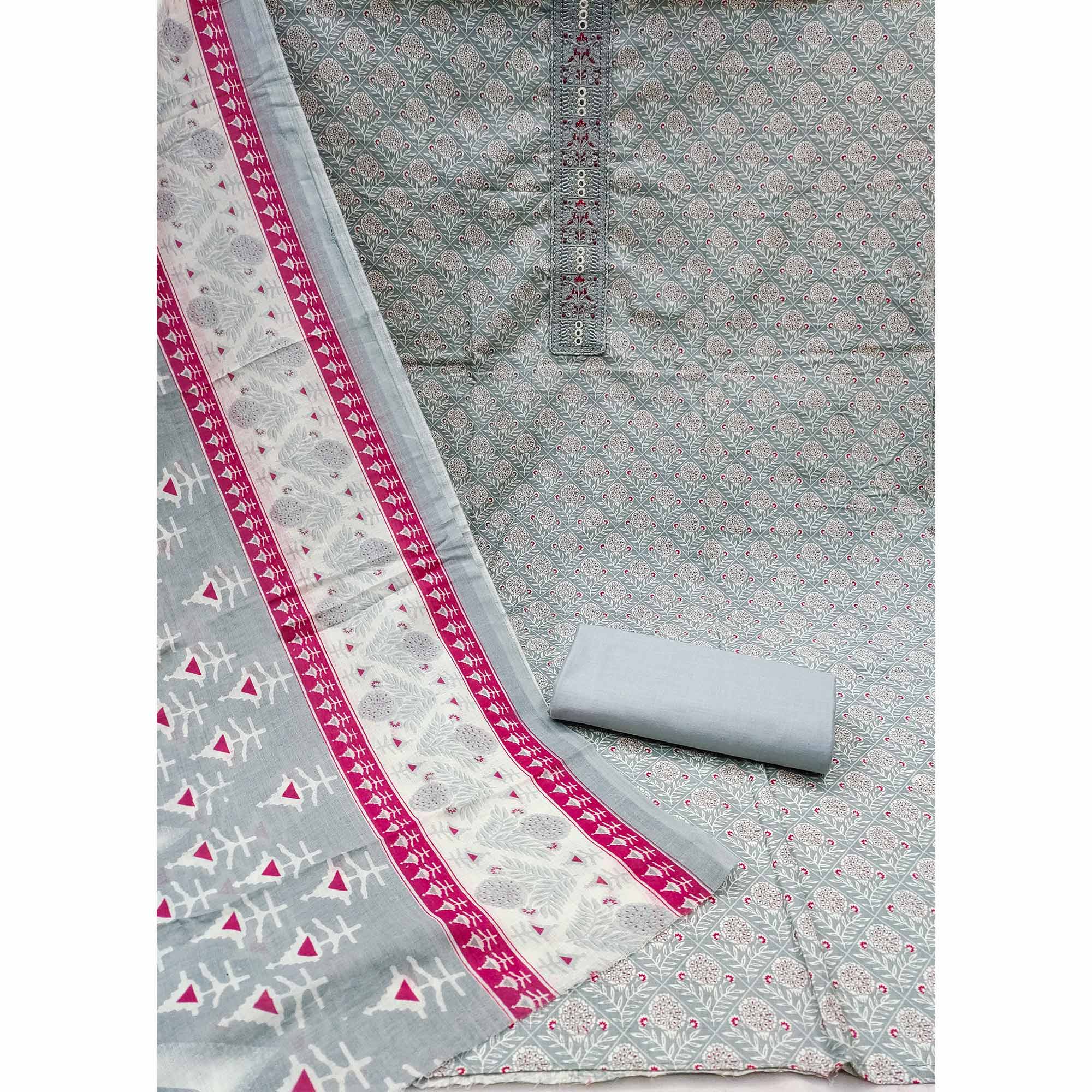 Grey Floral Printed With Yoke Embroidered Pure Cotton Dress Material