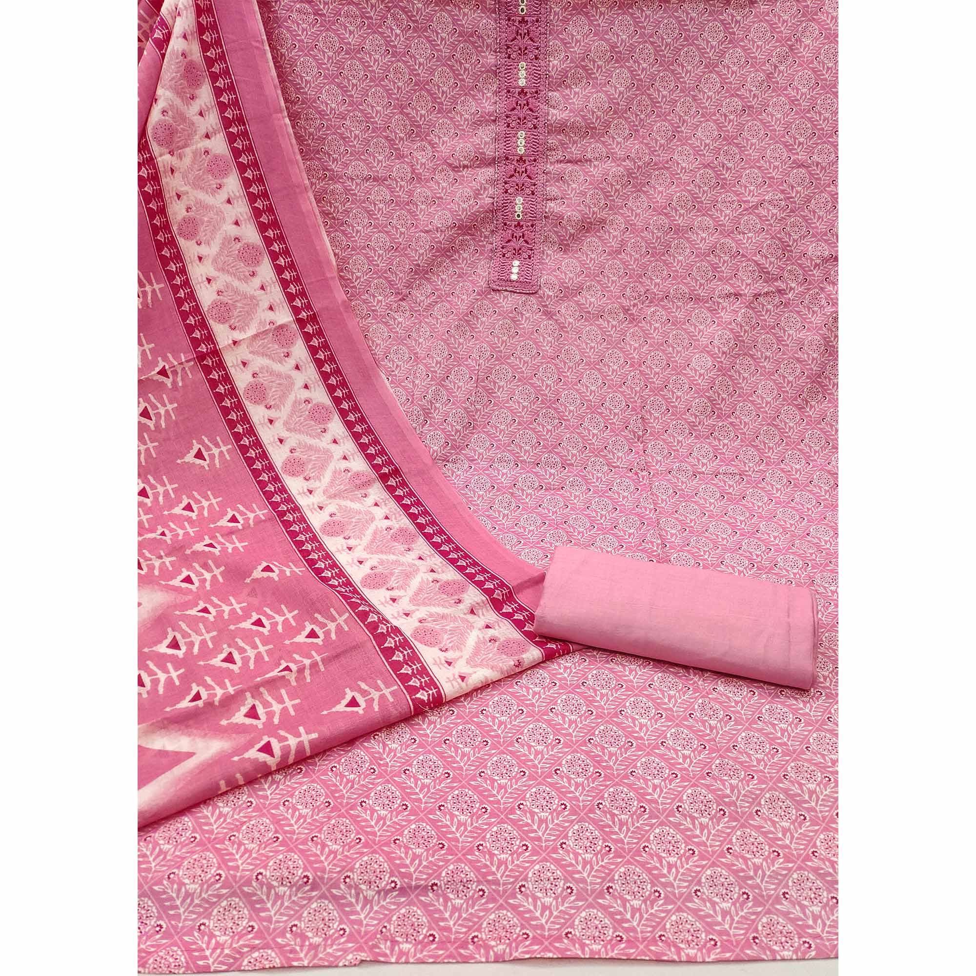 Pink Floral Printed With Yoke Embroidered Pure Cotton Dress Material