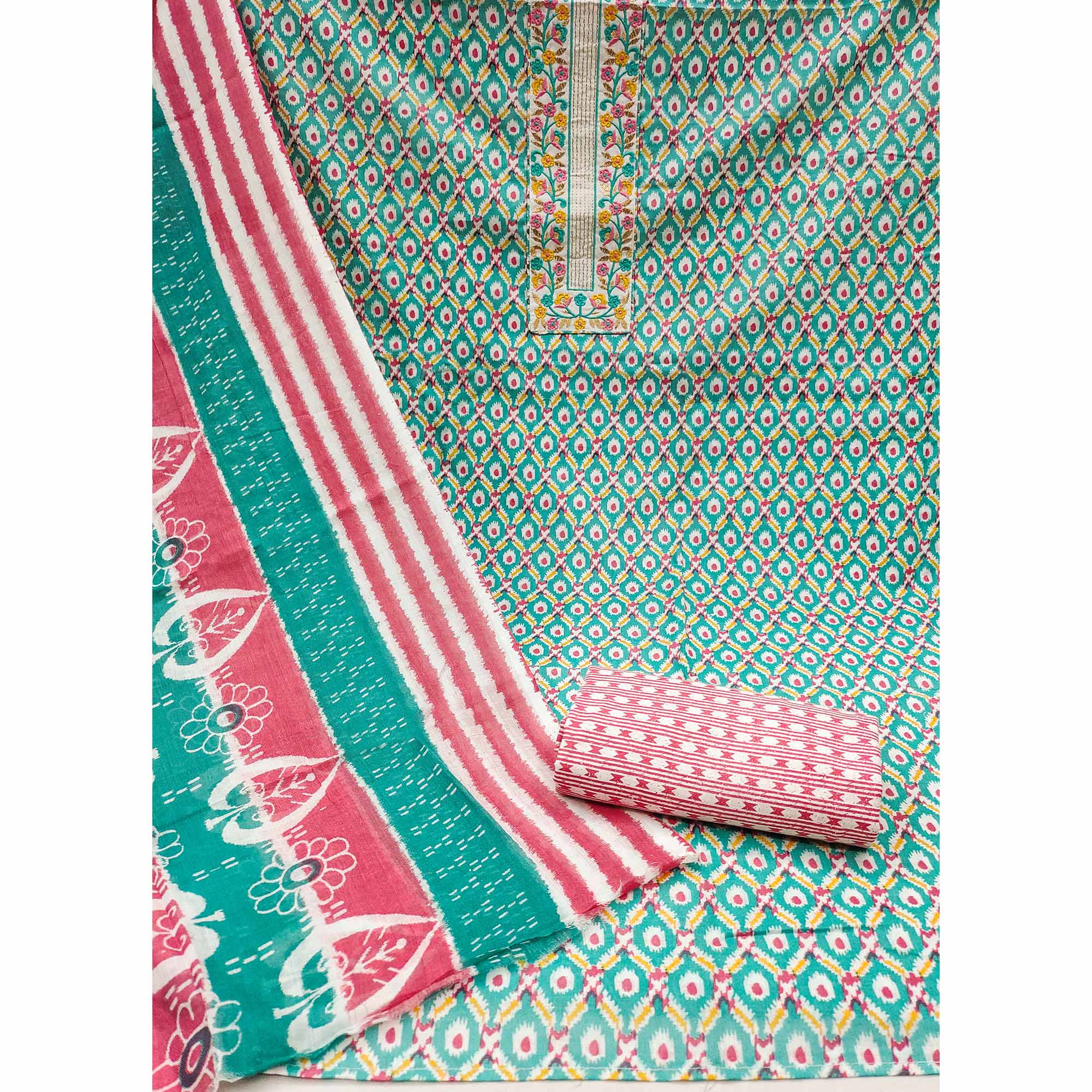 Turquoise Printed With Yoke Embroidered Pure Cotton Dress Material
