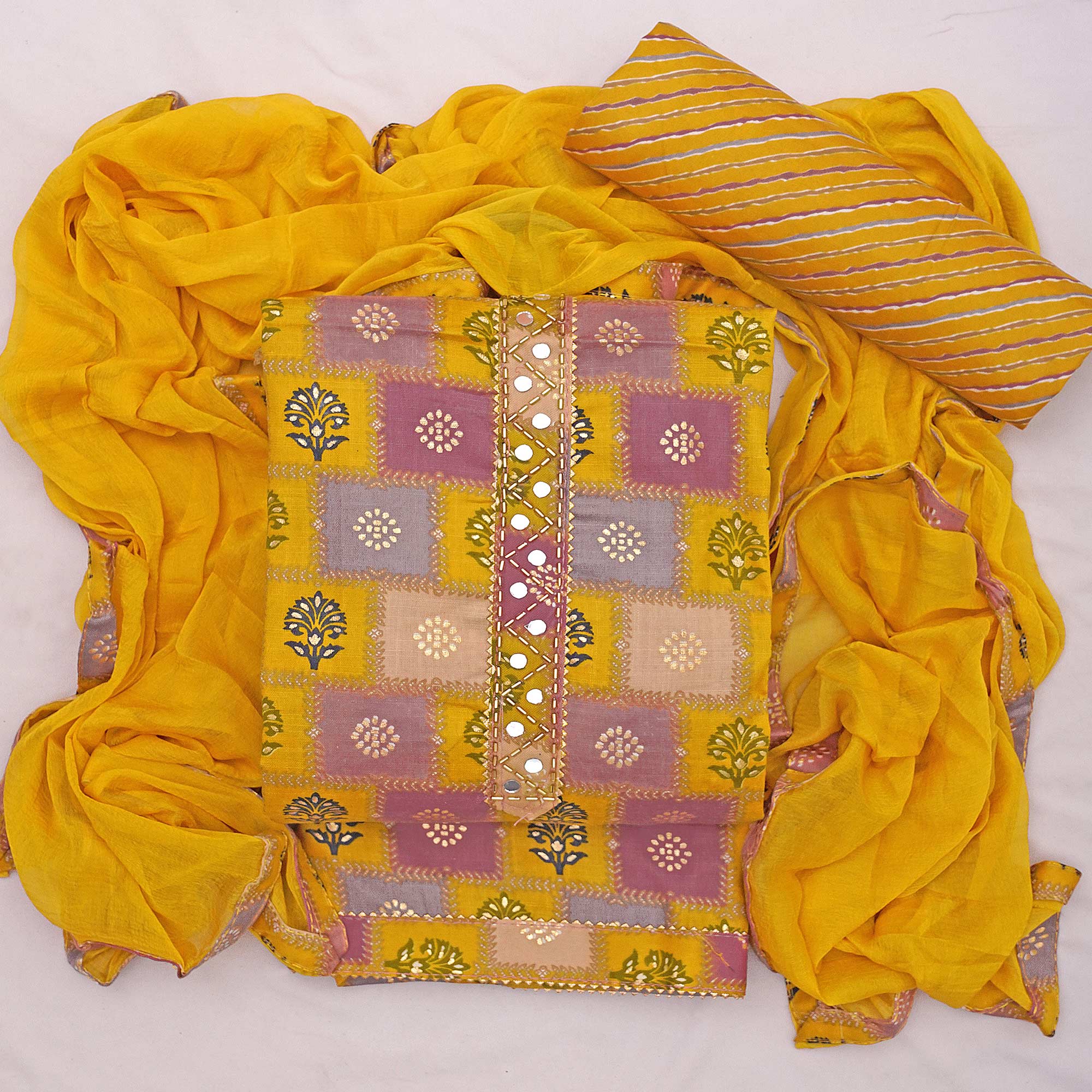 Yellow Foil Printed Cotton Blend Dress Material