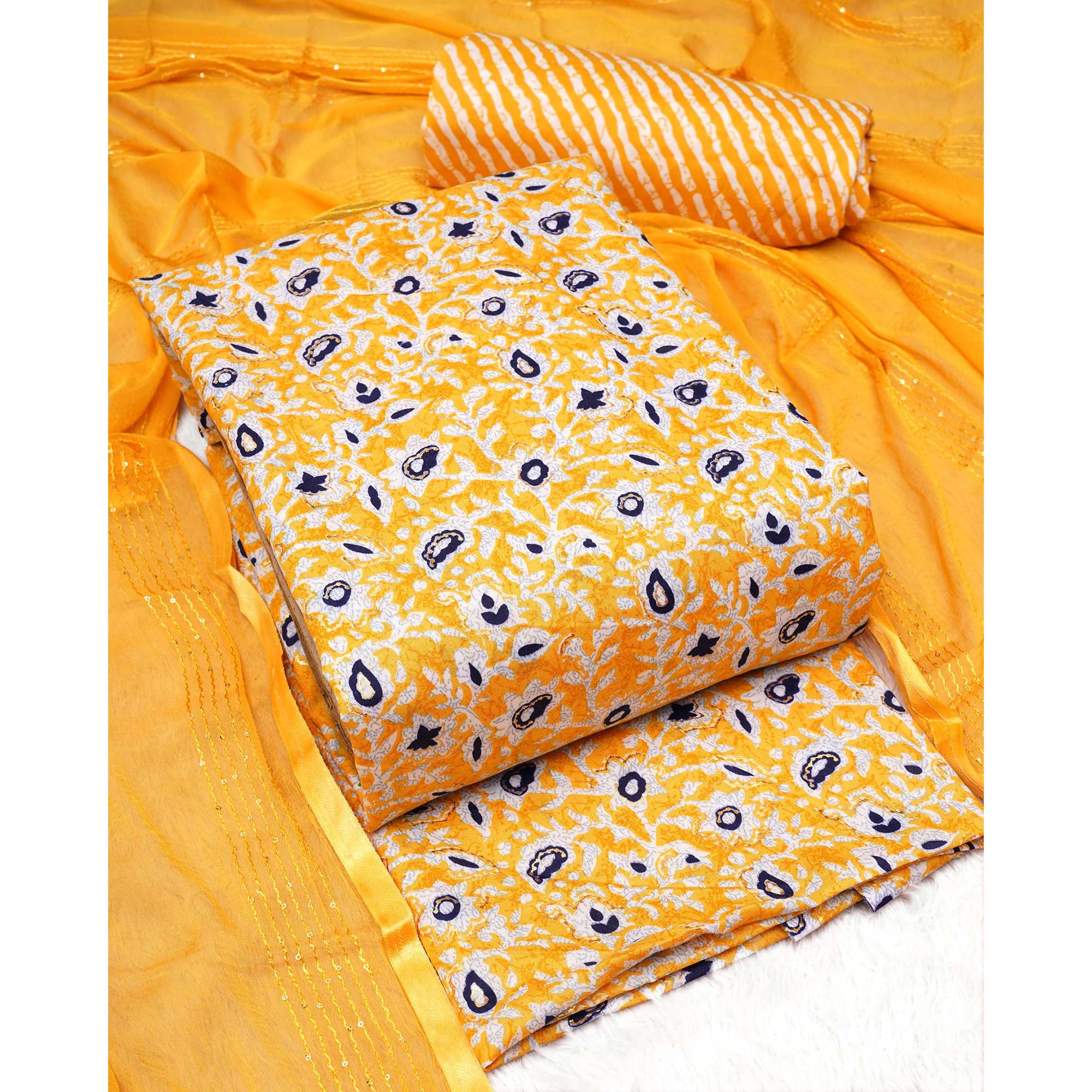 Yellow Foil Printed Cotton Blend Dress Material