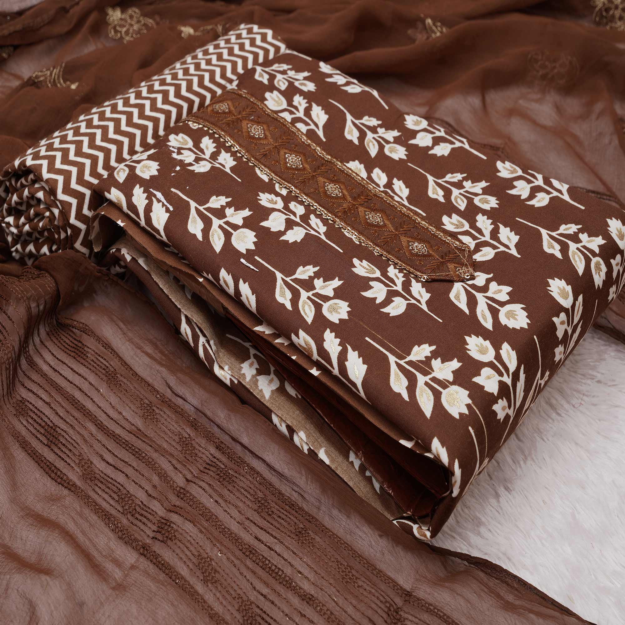 Brown Foil Printed Cotton Blend Dress Material