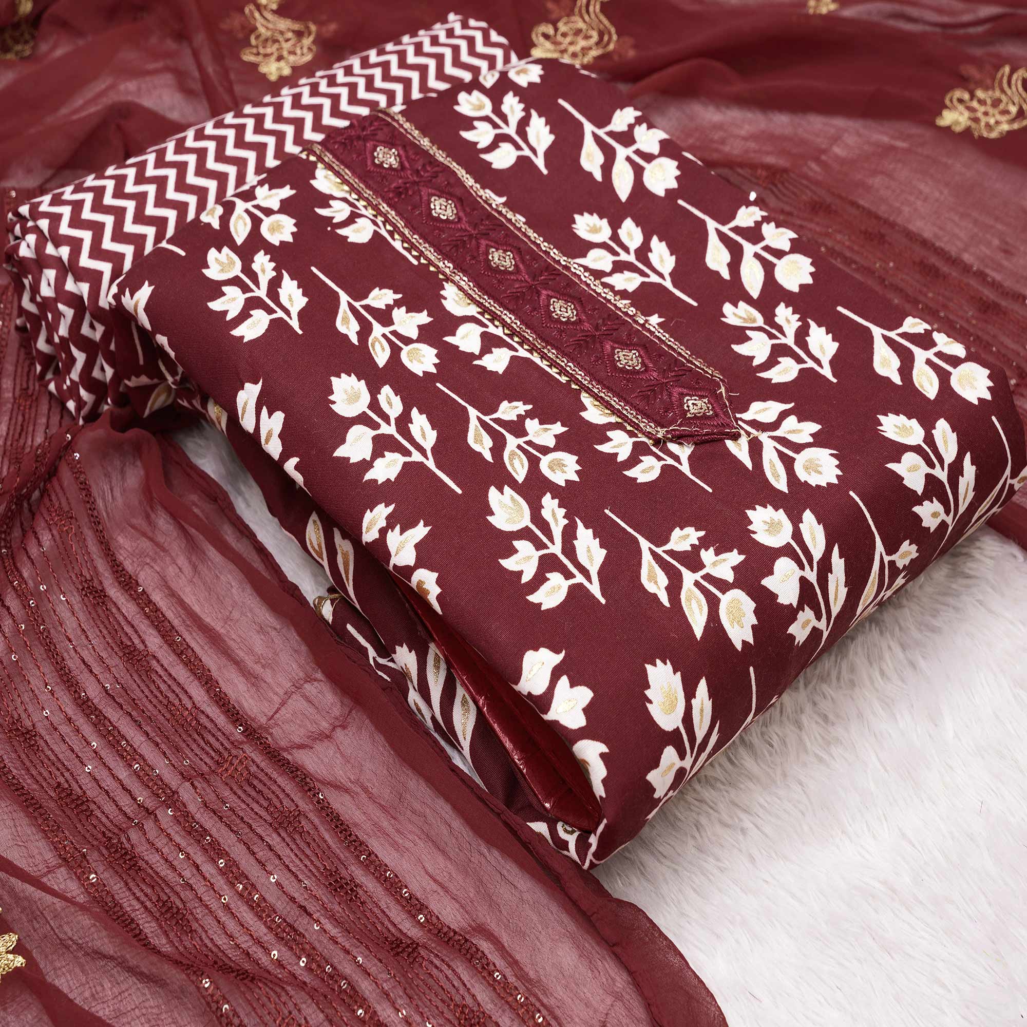 Maroon Foil Printed Cotton Blend Dress Material