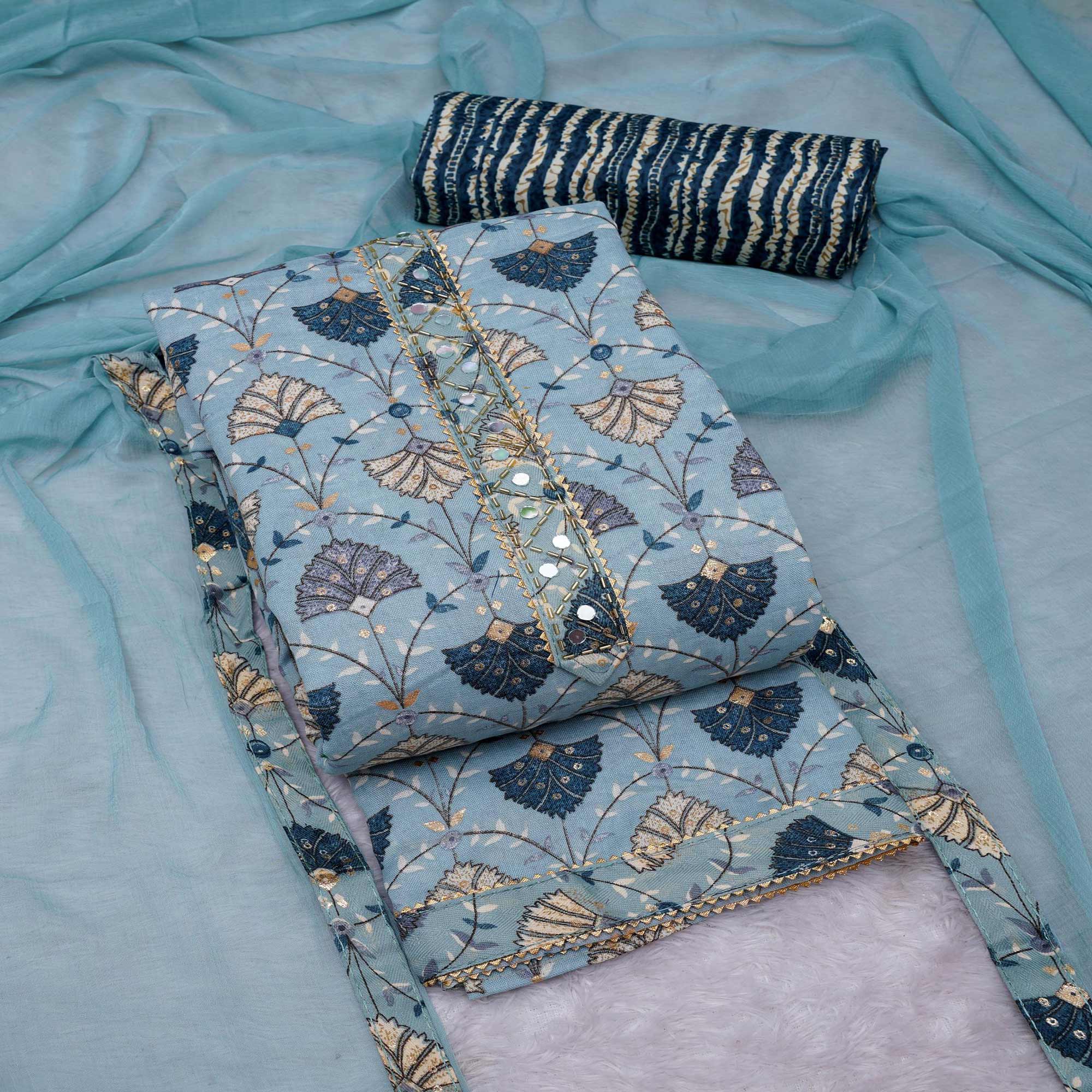 Blue Floral Foil Printed Cotton Blend Dress Material