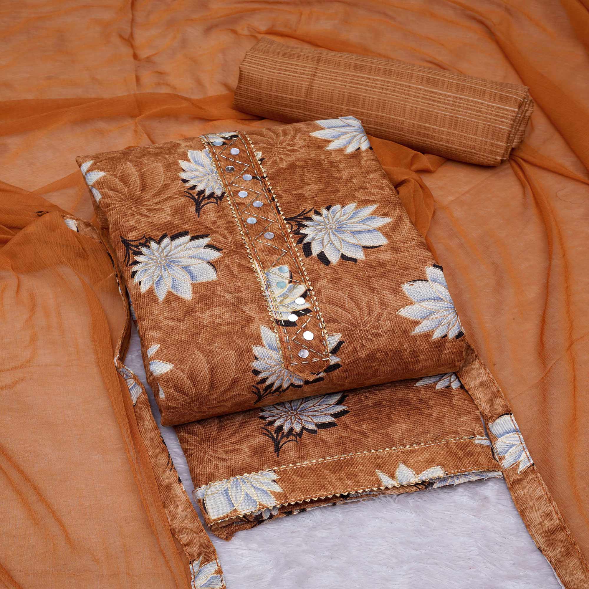 Brown Floral Foil Printed Cotton Blend Dress Material