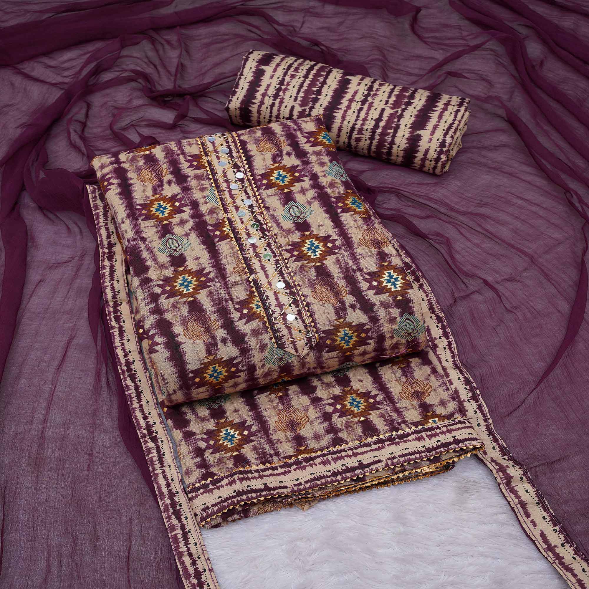 Wine Foil Printed Cotton Blend Dress Material