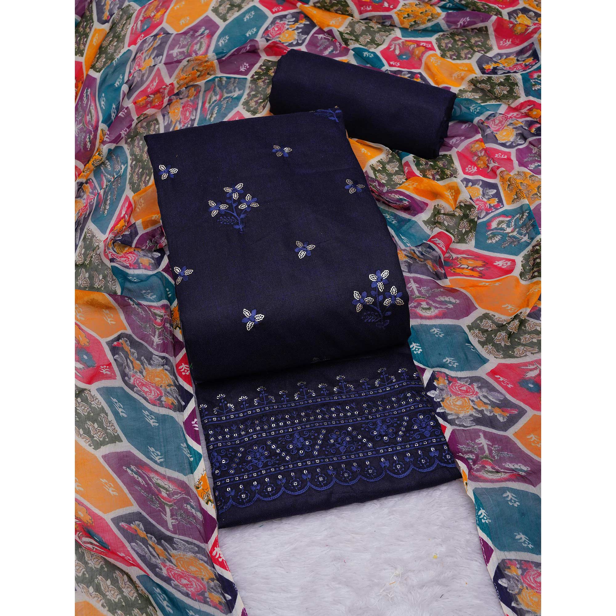 Blue Floral Embroidered Cotton Blend Dress Material
