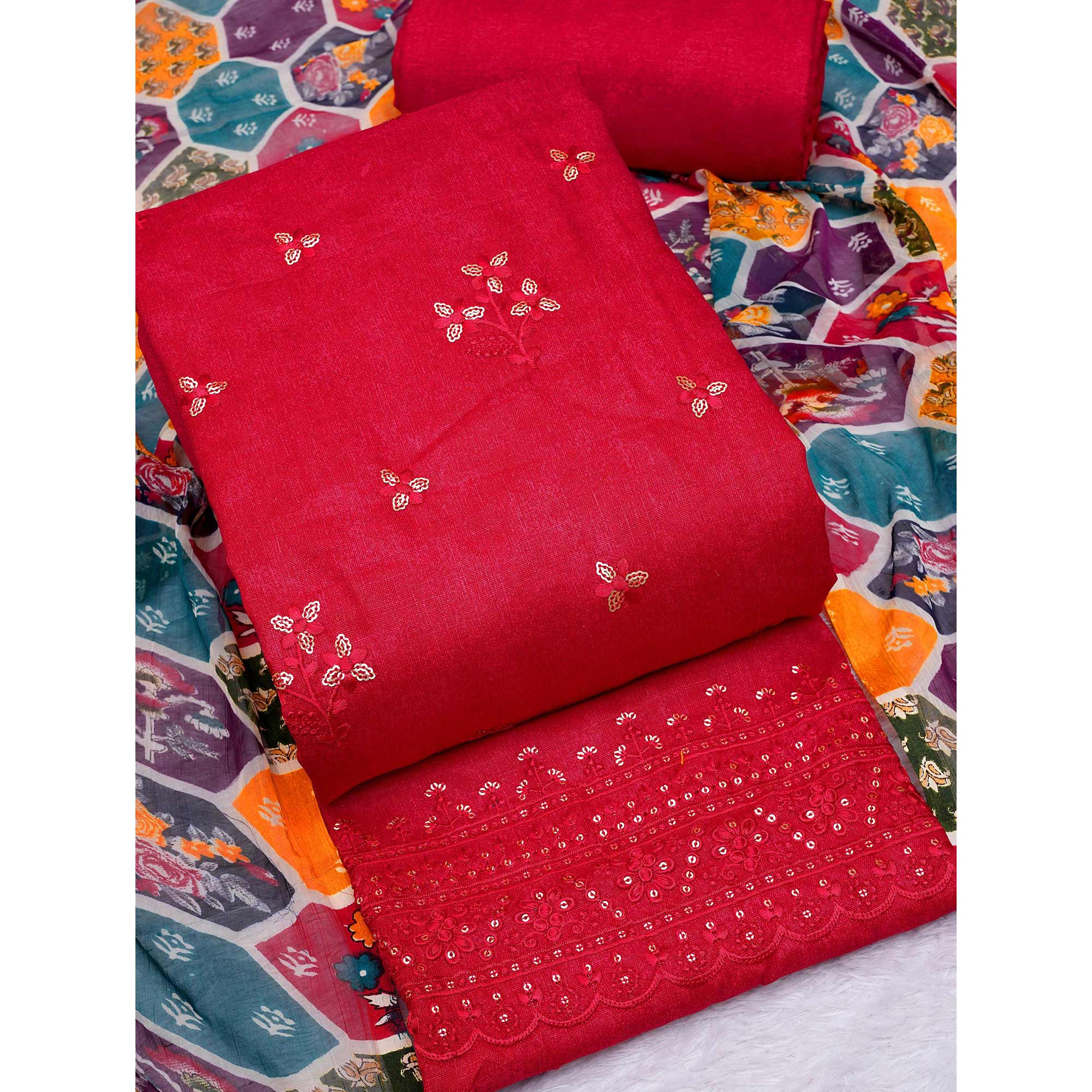 Red Floral Embroidered Cotton Blend Dress Material