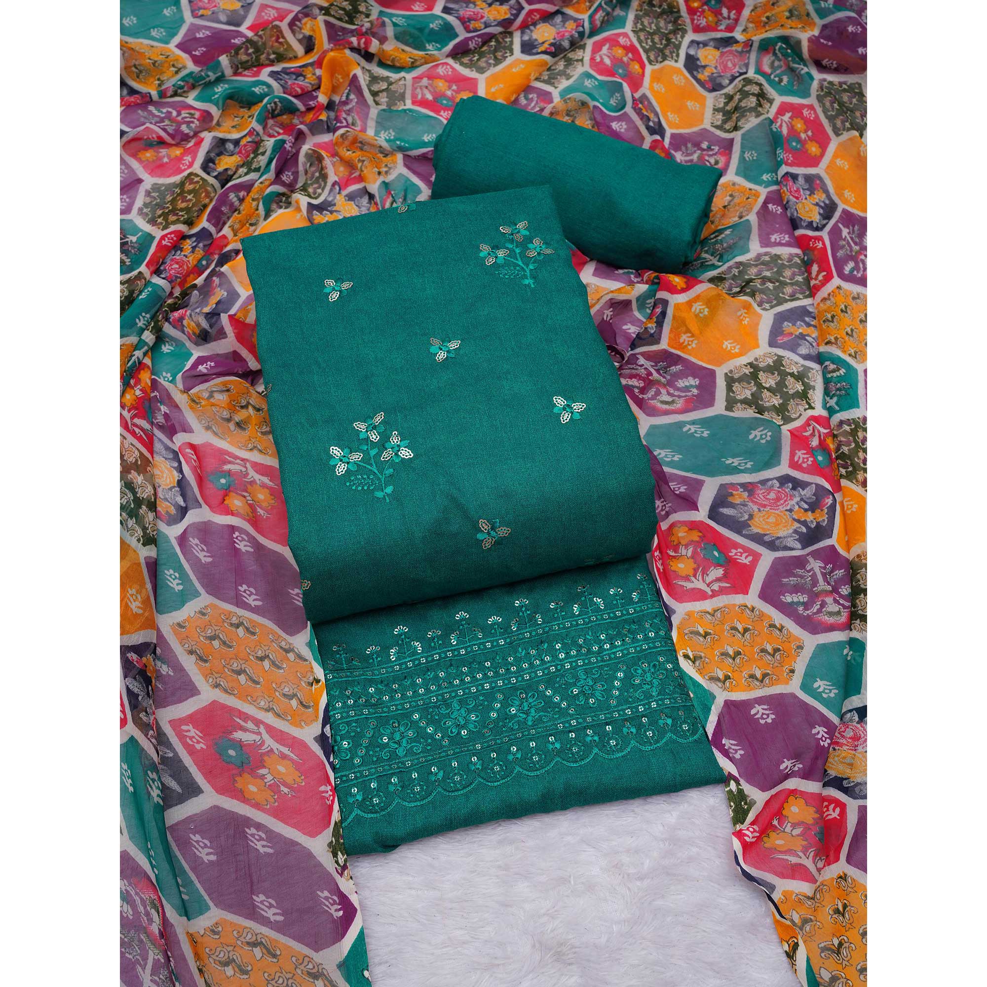 Rama Green Floral Embroidered Cotton Blend Dress Material
