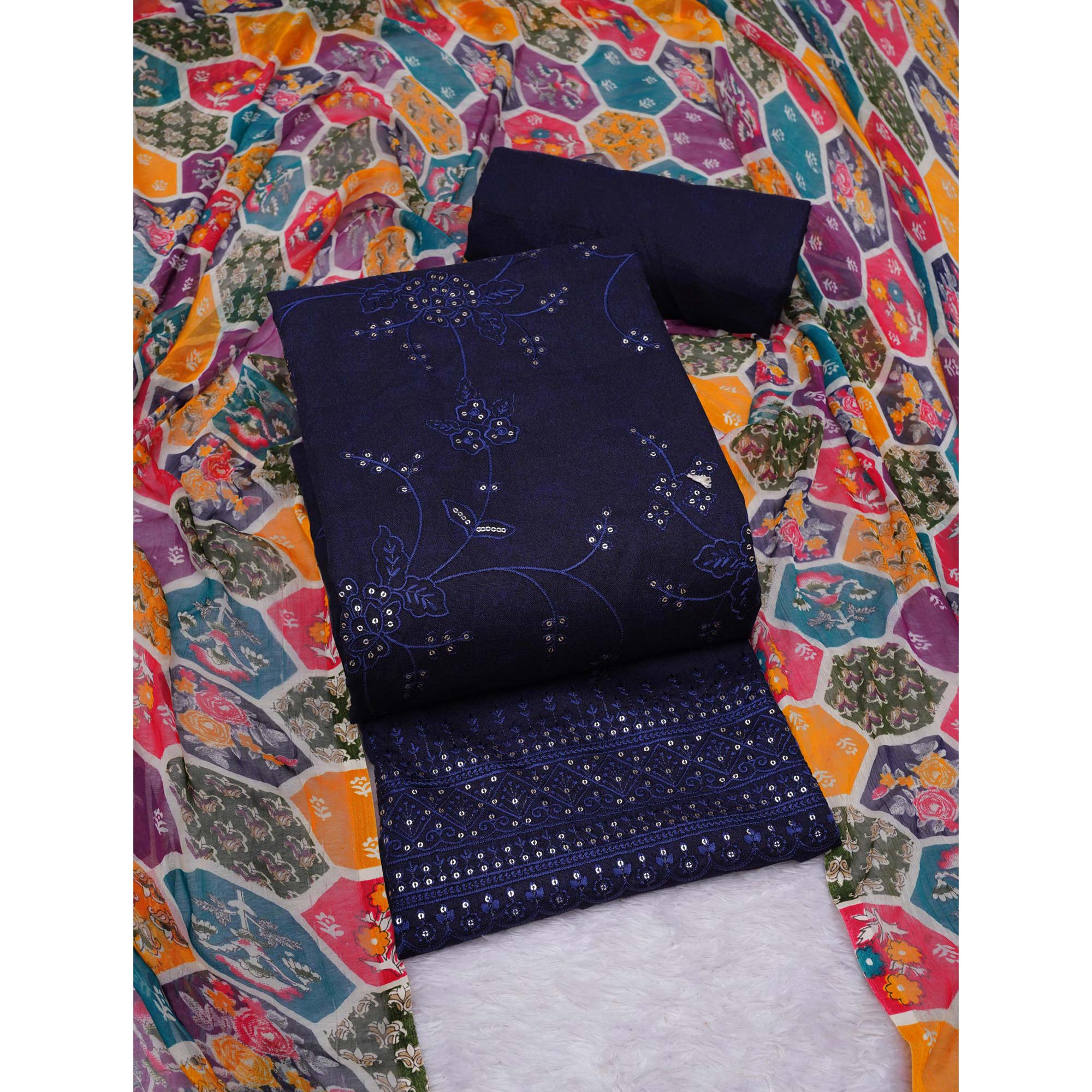 Blue Floral Embroidered Cotton Blend Dress Material