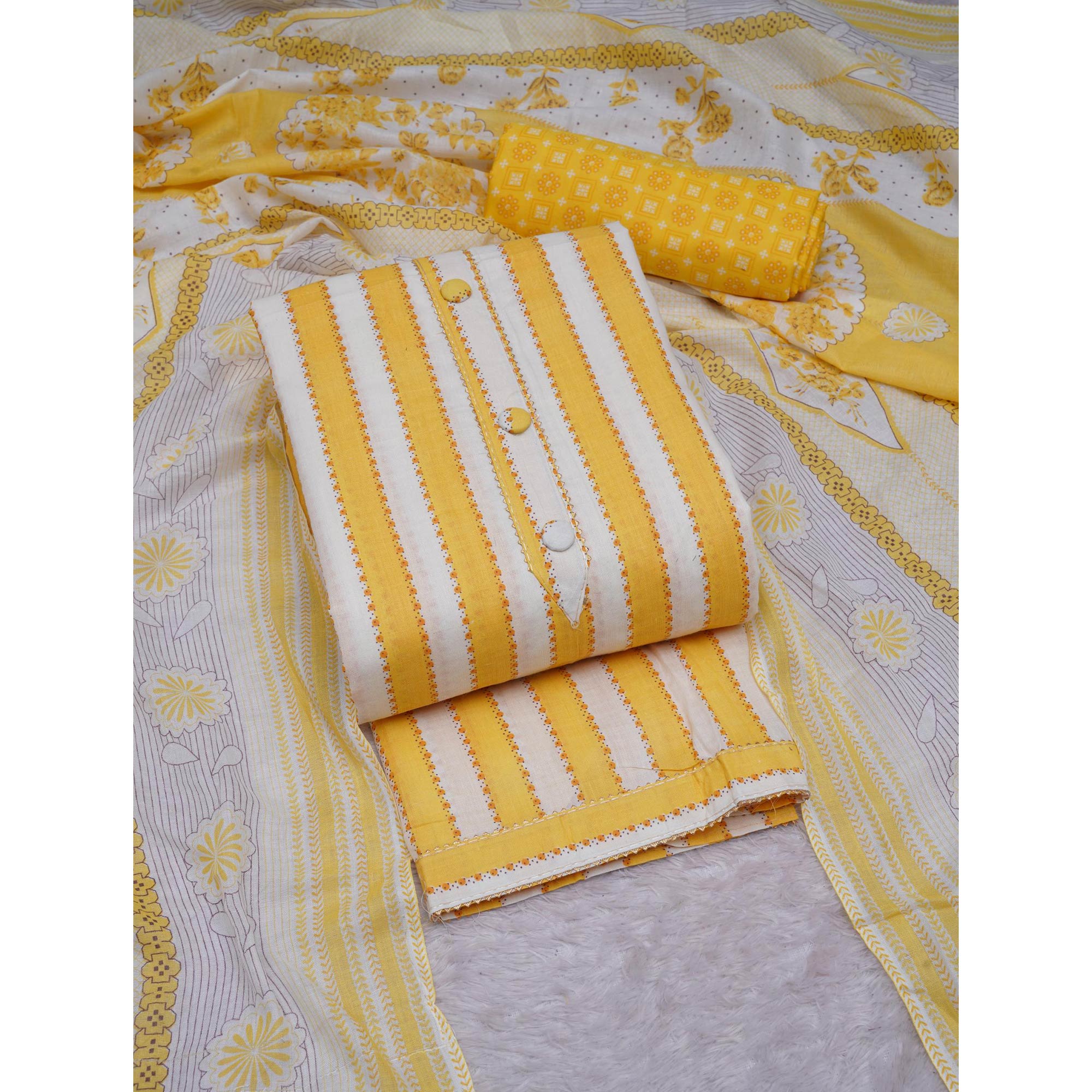 Yellow Printed With Gota Patti Work Cotton Blend Dress Material