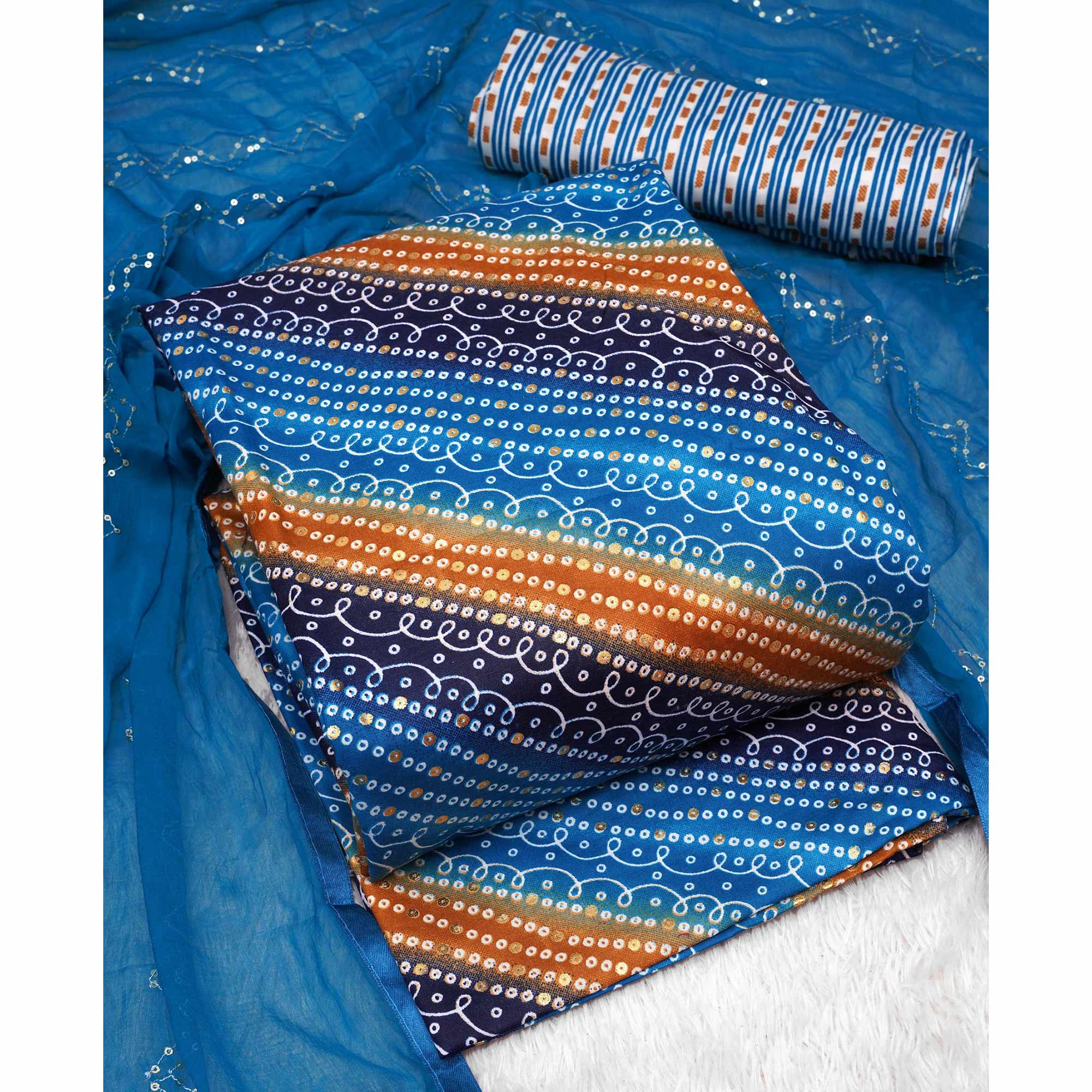 Blue Bandhani Foil Printed Dress Material