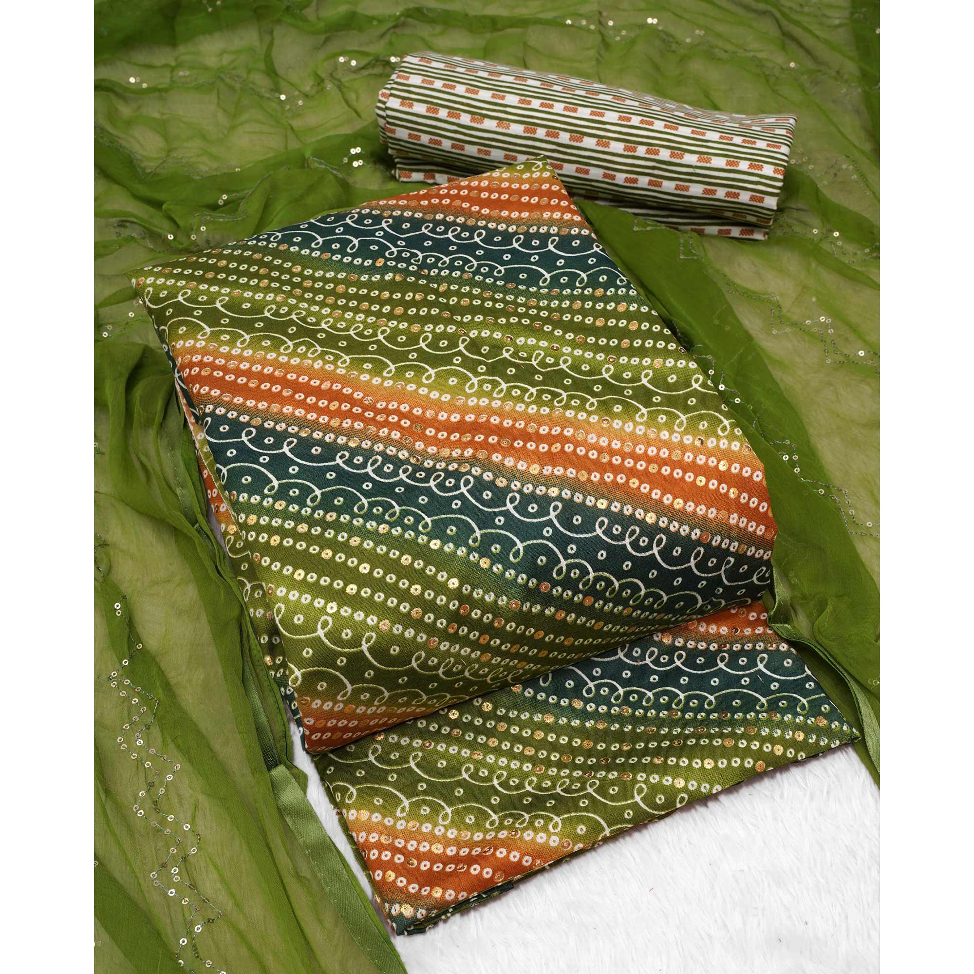Green Bandhani Foil Printed Dress Material