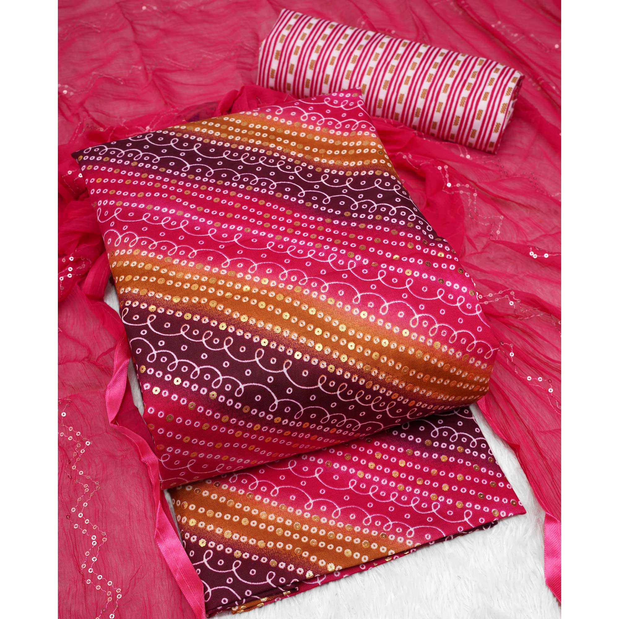 Pink Bandhani Foil Printed Dress Material