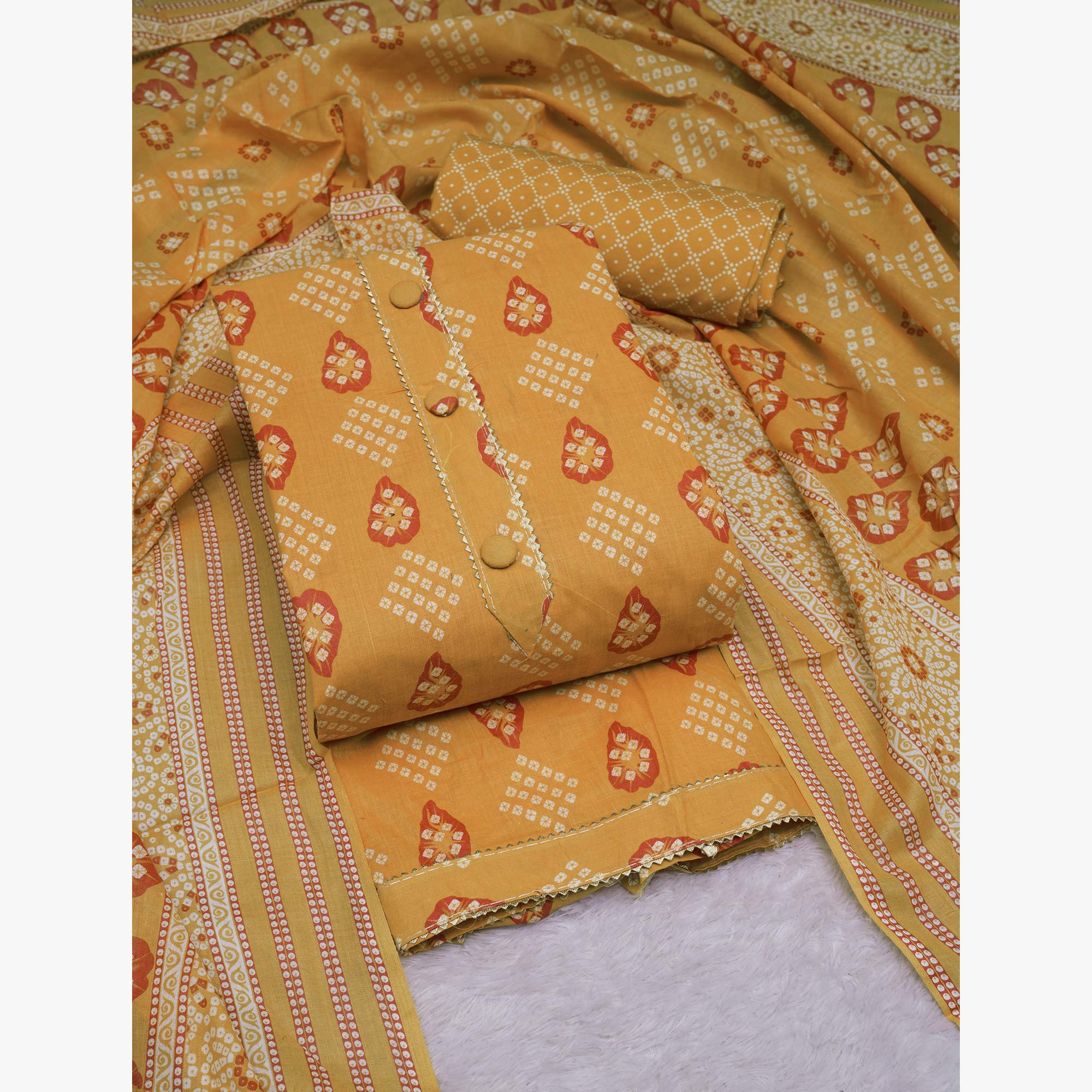 Mustard Bandhani Printed Cotton Blend Dress Material