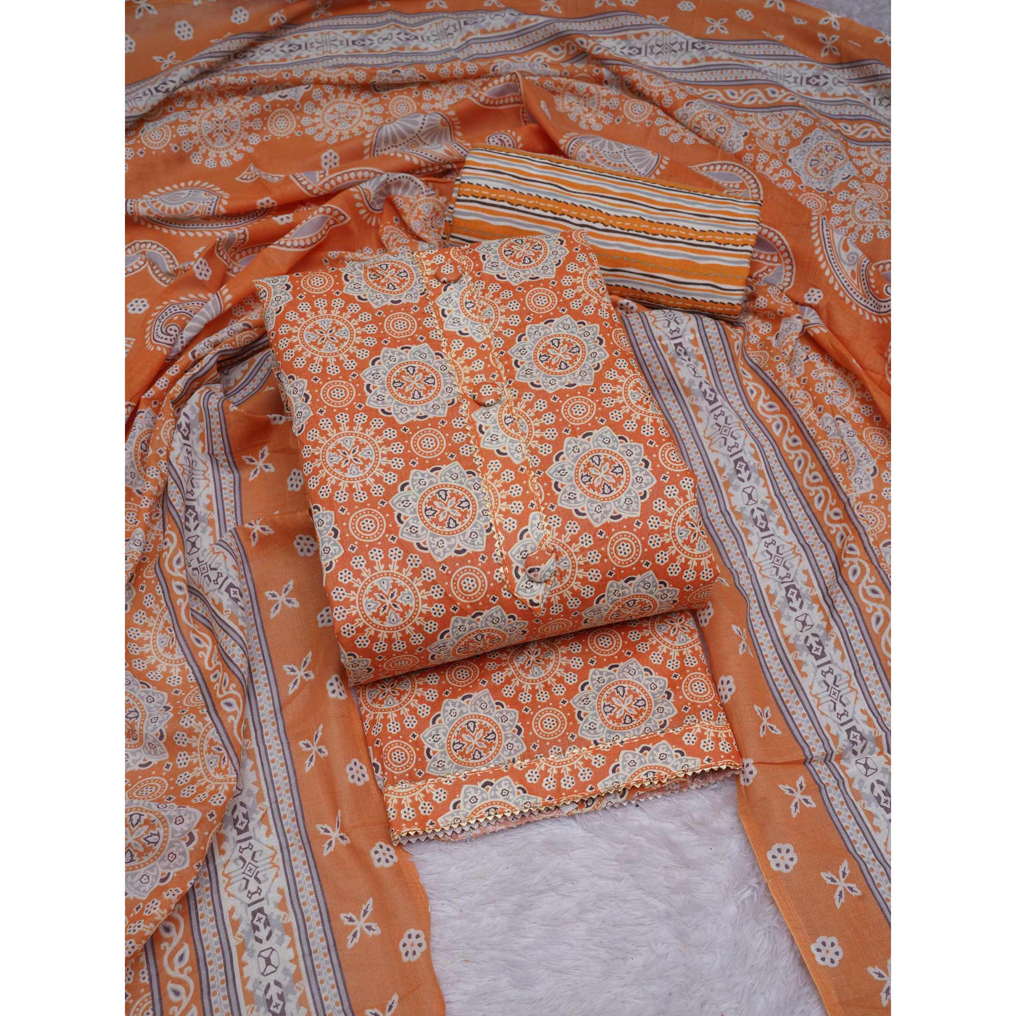 Orange Floral Printed Cotton Blend Dress Material