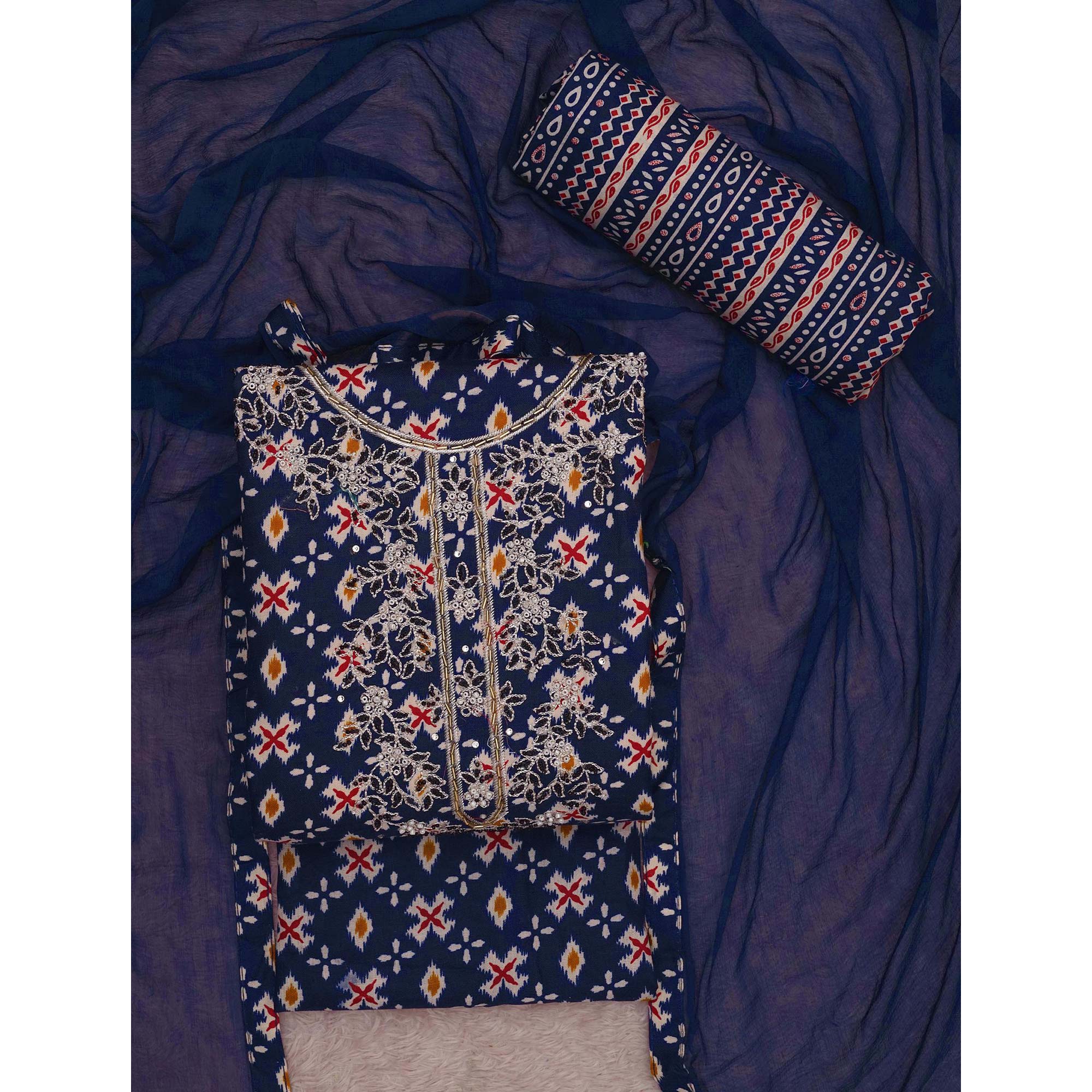 Blue Printed With Embroidered Cotton Blend Dress Material