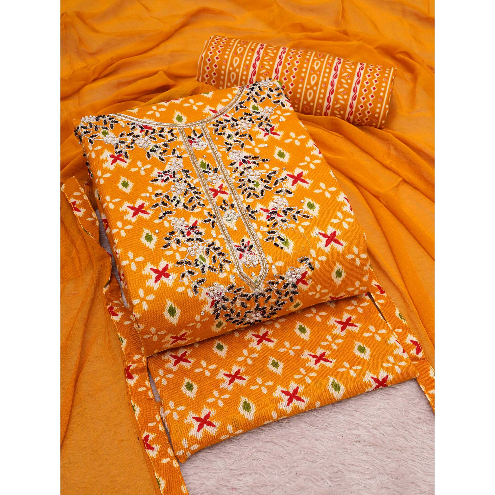 Yellow Printed With Embroidered Cotton Blend Dress Material