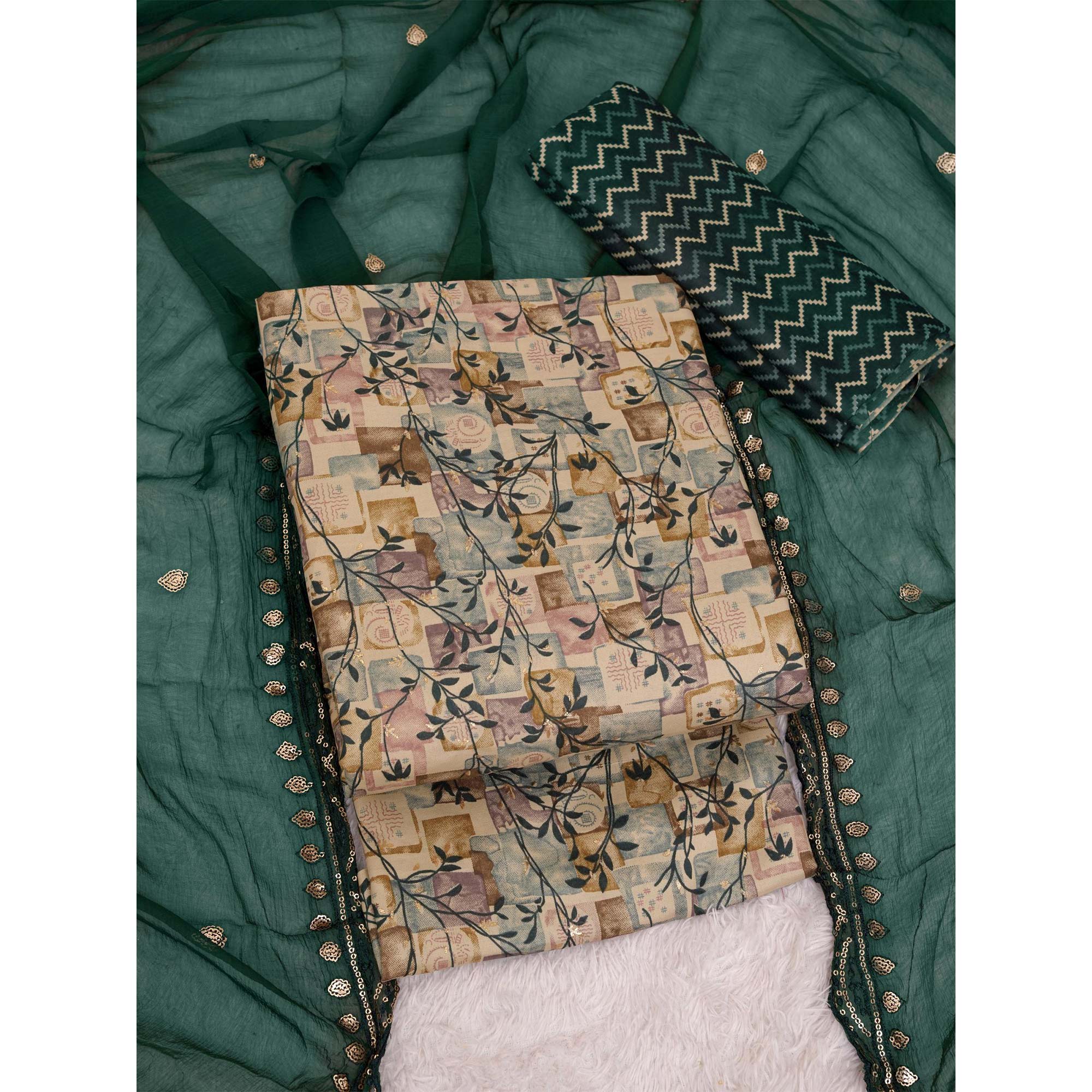 Chikoo & Green Foil Printed Cotton Blend Dress Material