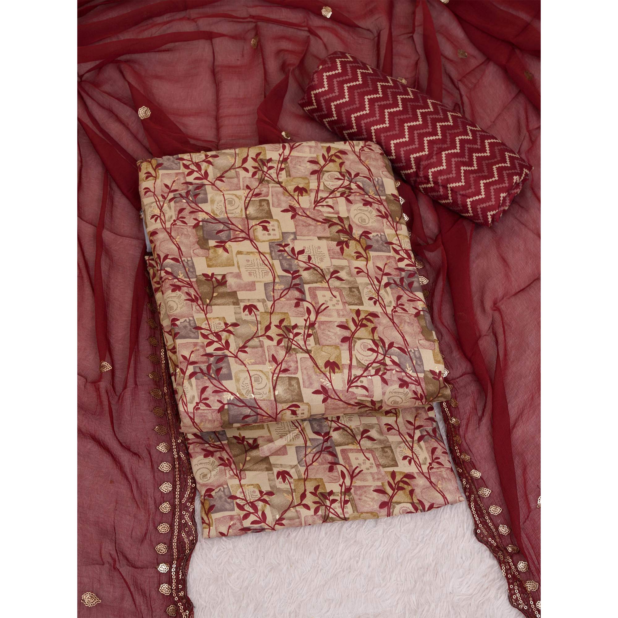 Chikoo & Maroon Foil Printed Cotton Blend Dress Material