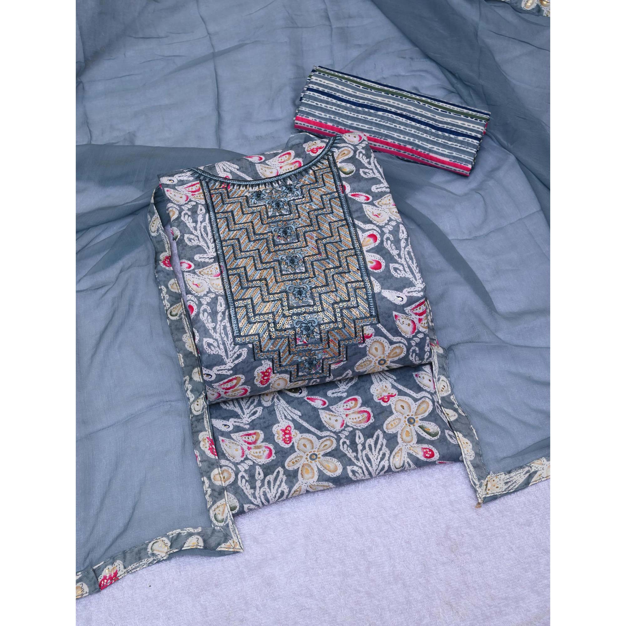 Grey Foil Printed With Sequins Embroidery Cotton Blend Dress Material