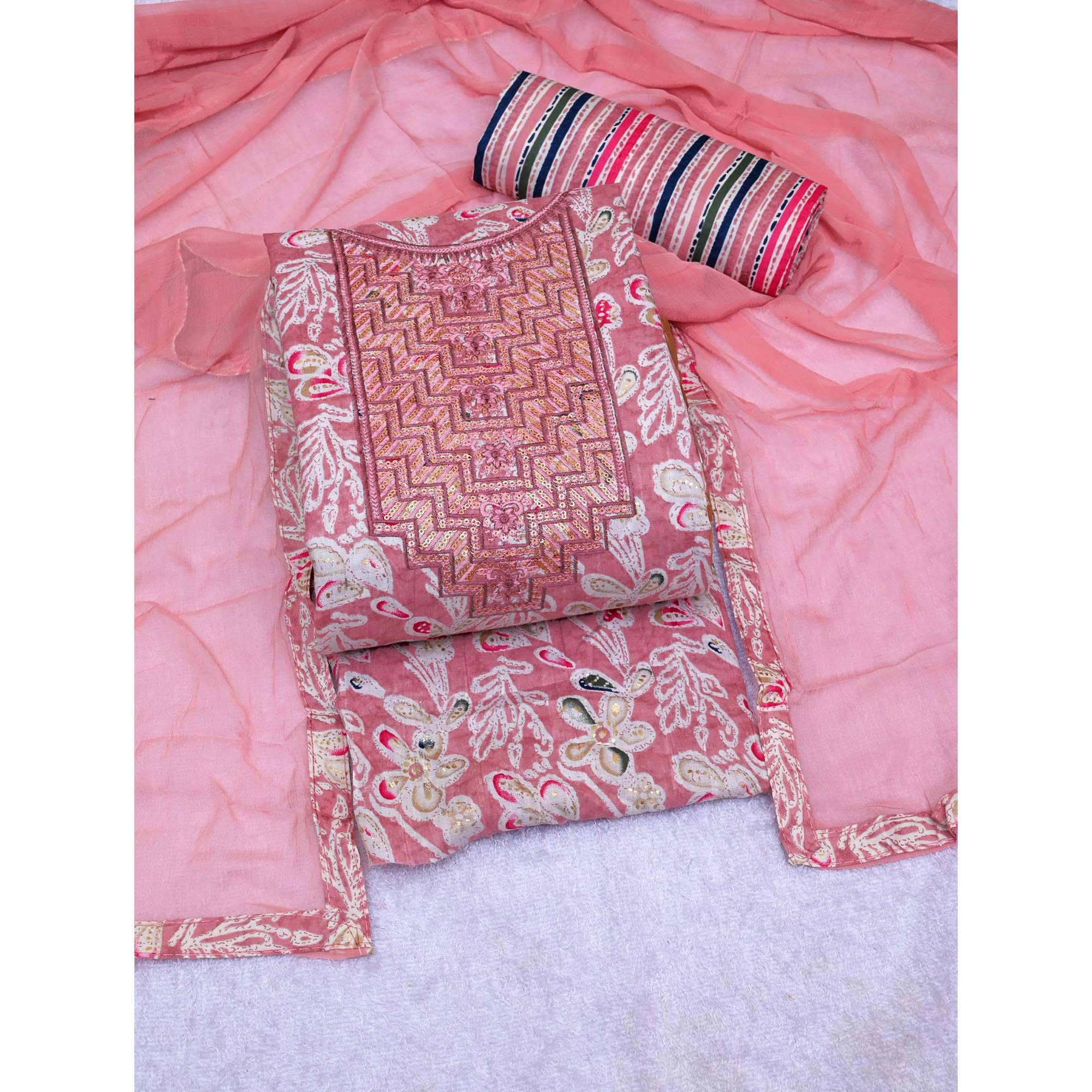 Peach Foil Printed With Sequins Embroidery Cotton Blend Dress Material
