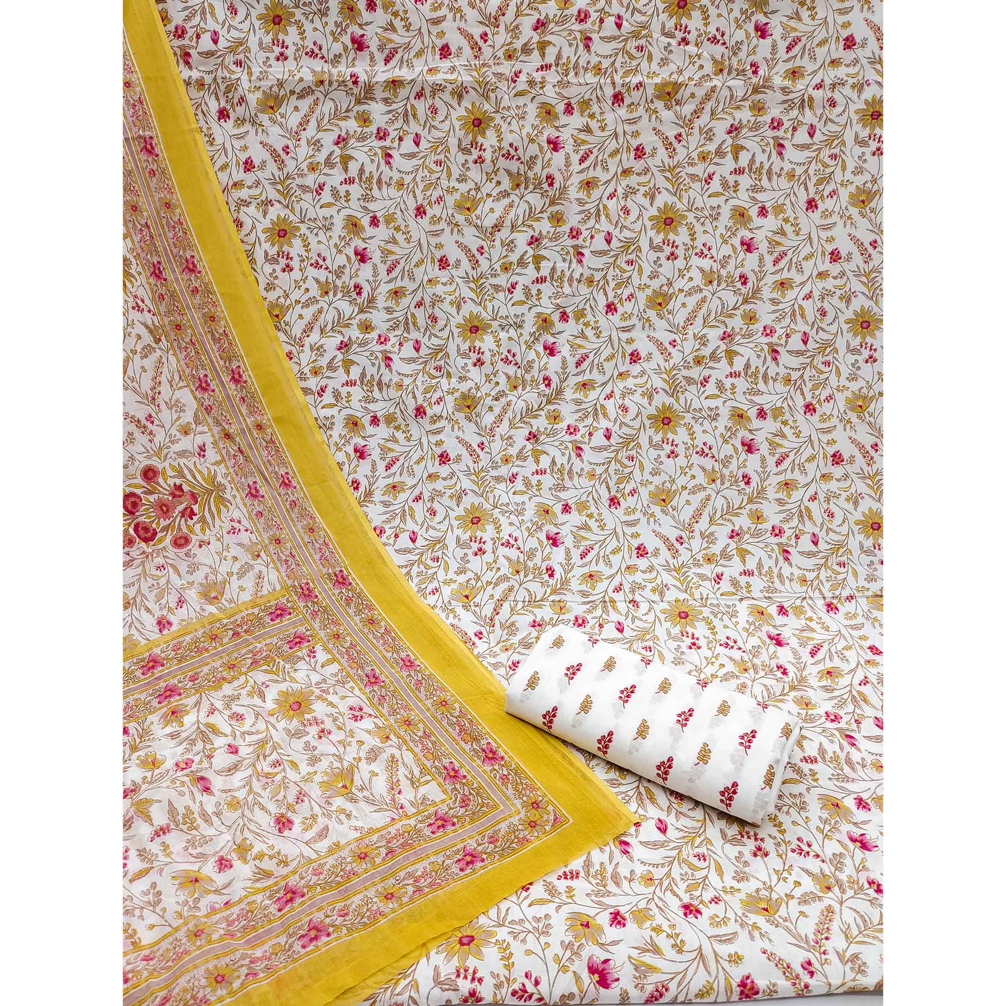 White & Mustard Floral Printed Pure Cotton Dress Material