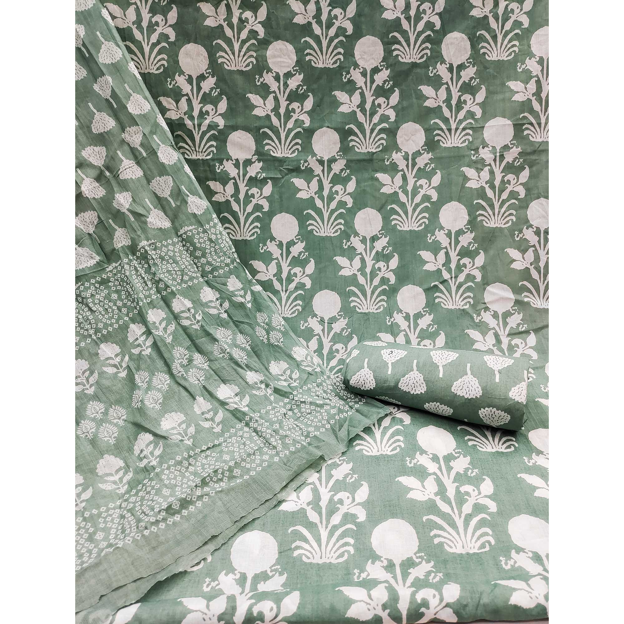 Green Floral Printed Pure Cotton Dress Material