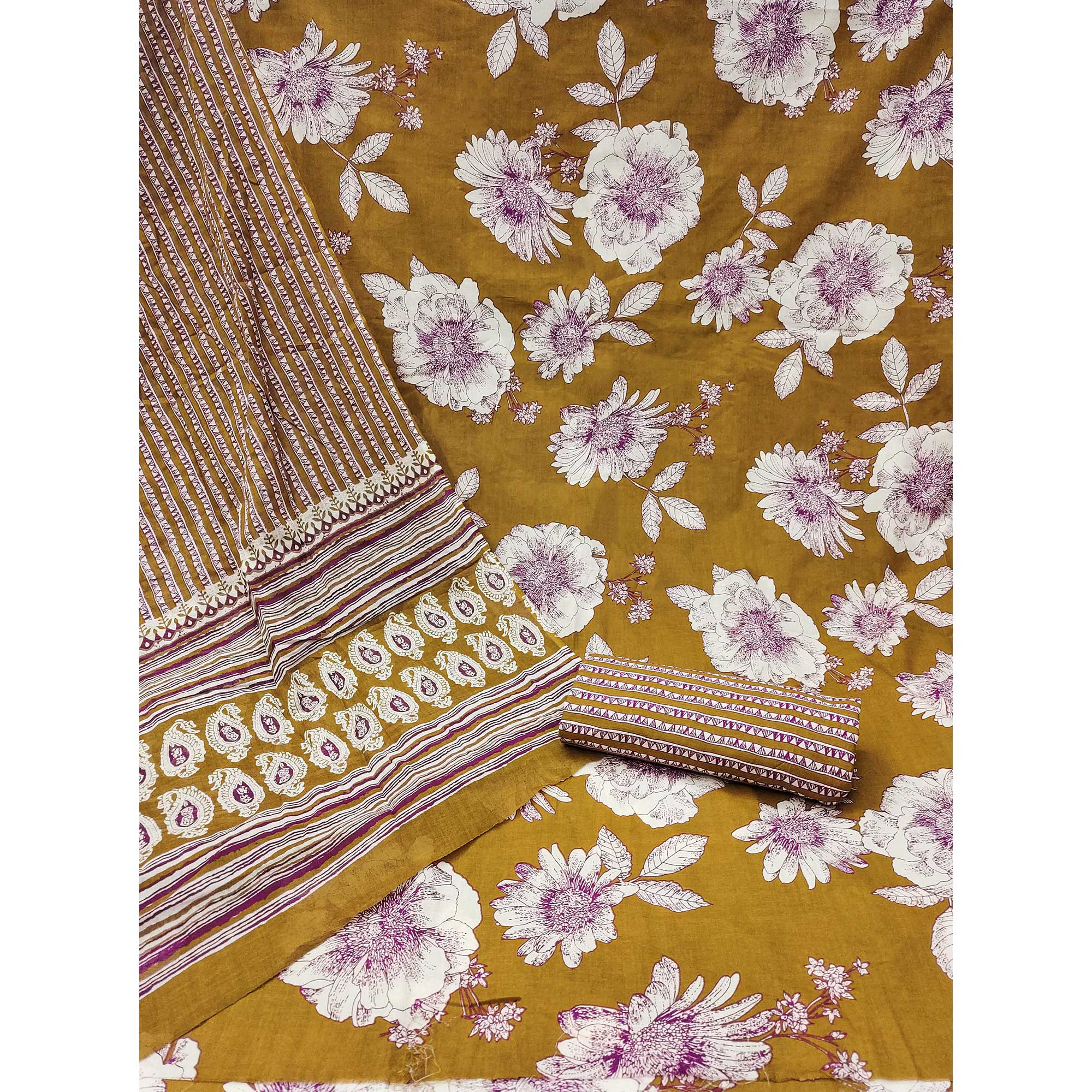 Mustard Floral Printed Pure Cotton Dress Material