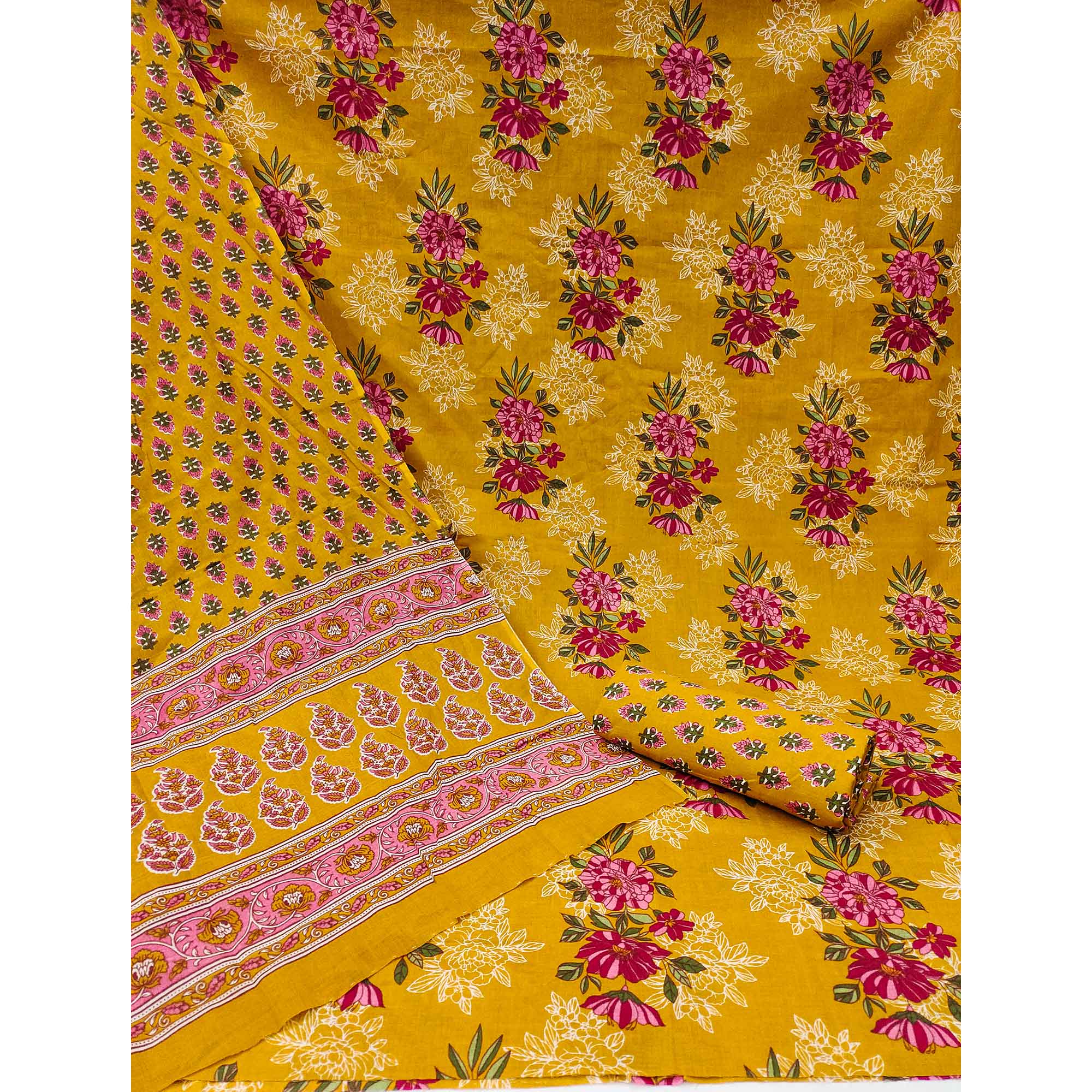 Mustard Floral Printed Pure Cotton Dress Material