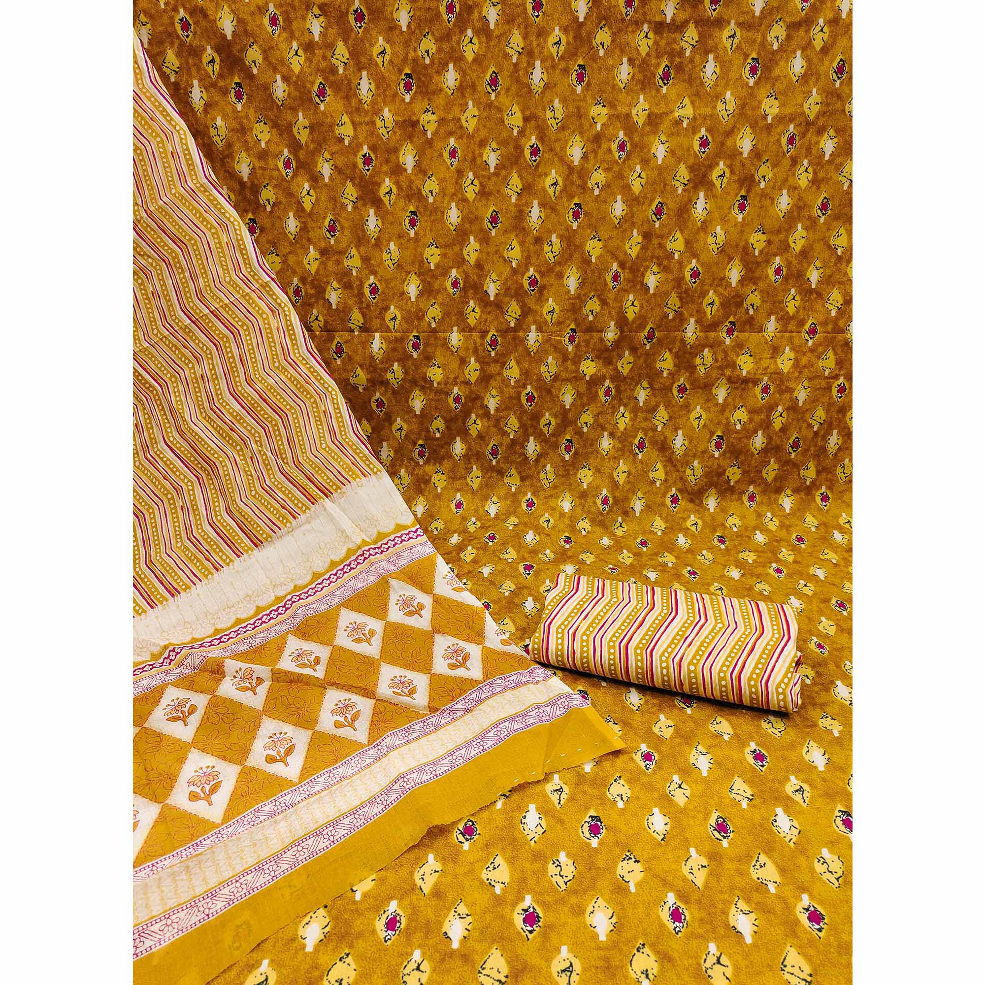 Mustard Floral Printed Pure Cotton Dress Material