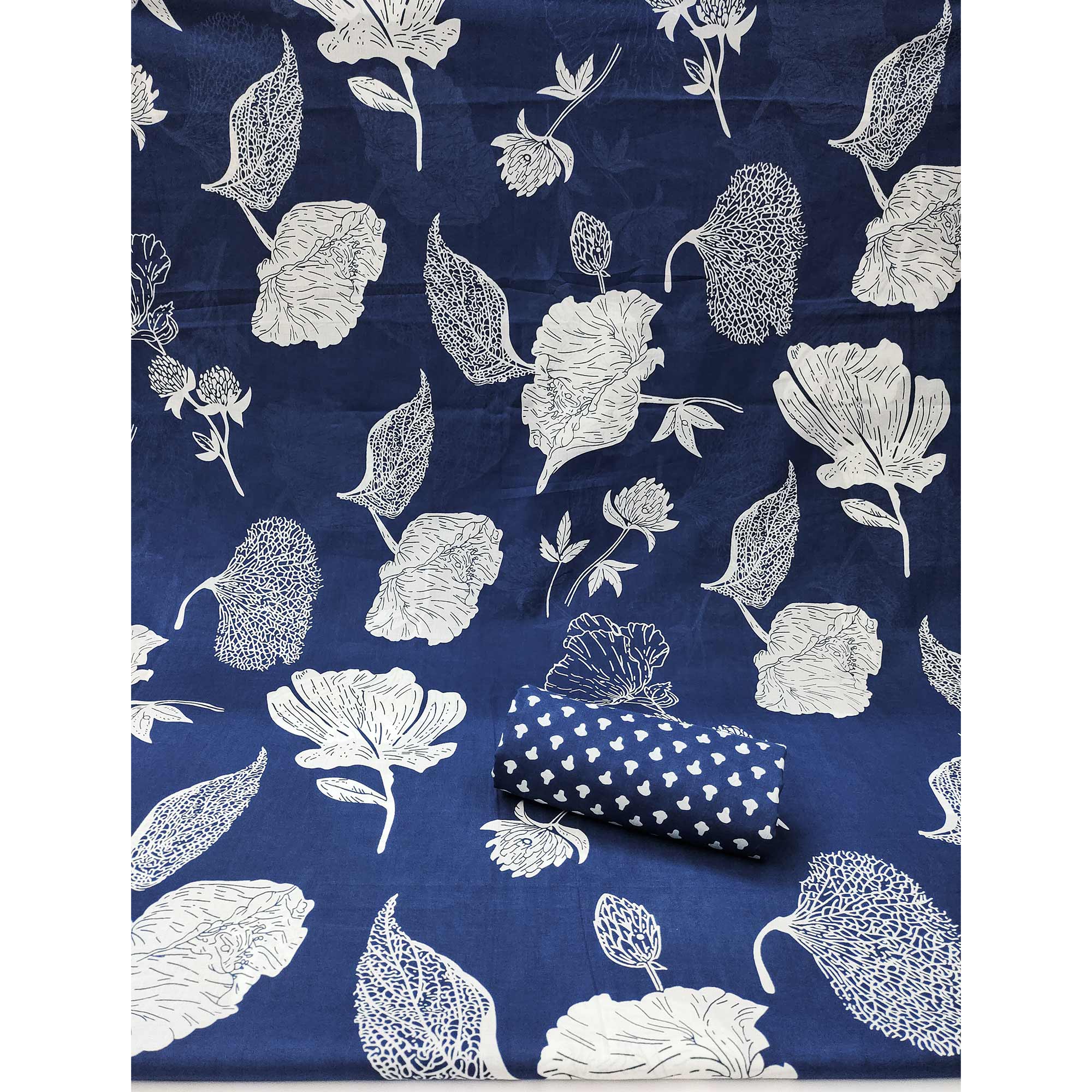 Navy Blue Floral Printed Pure Cotton Dress Material