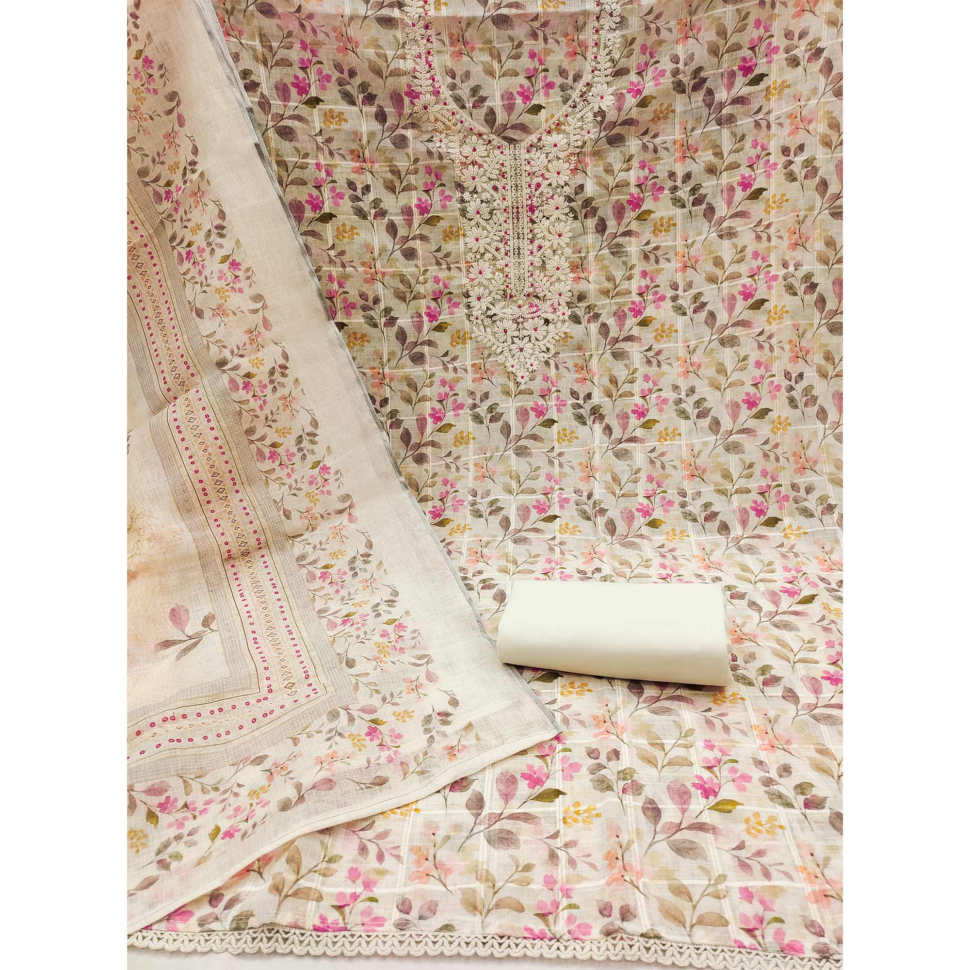 Cream Floral Printed With Embroidery Cotton Blend Dress Material