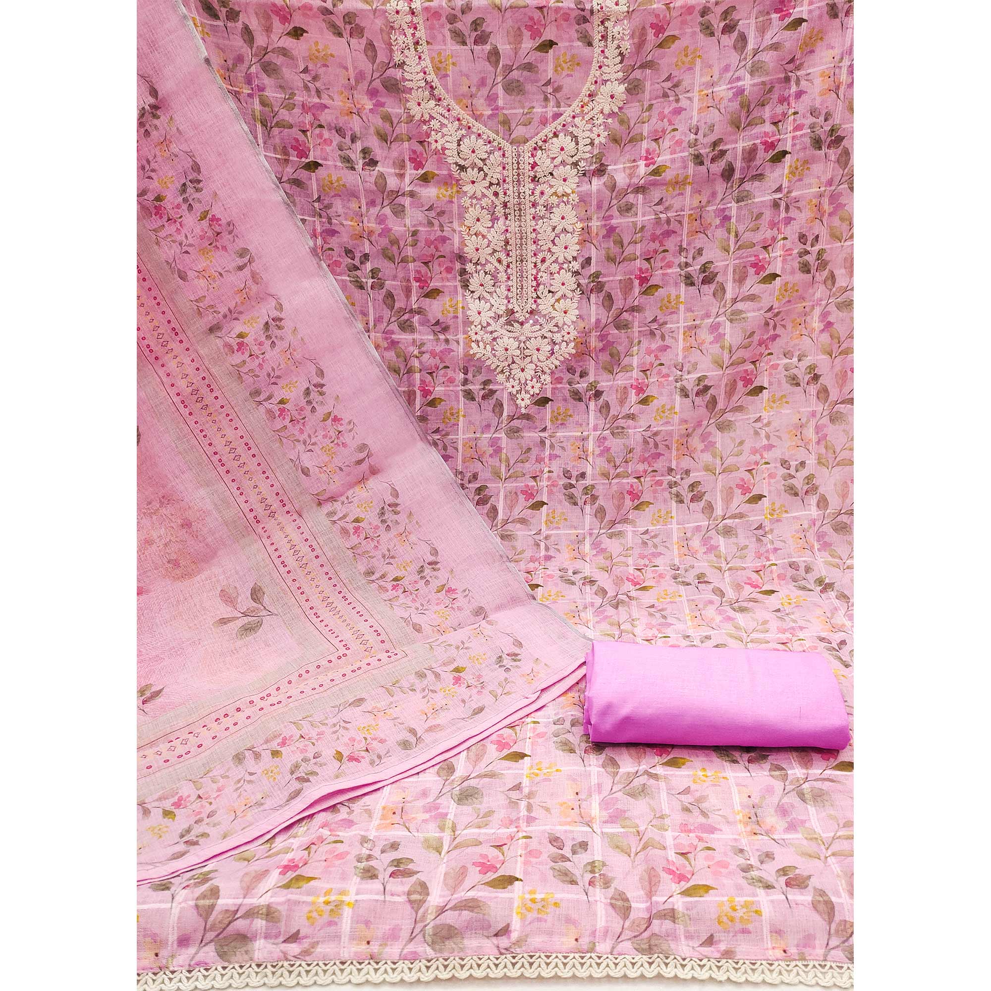 Pink Floral Printed With Embroidery Cotton Blend Dress Material