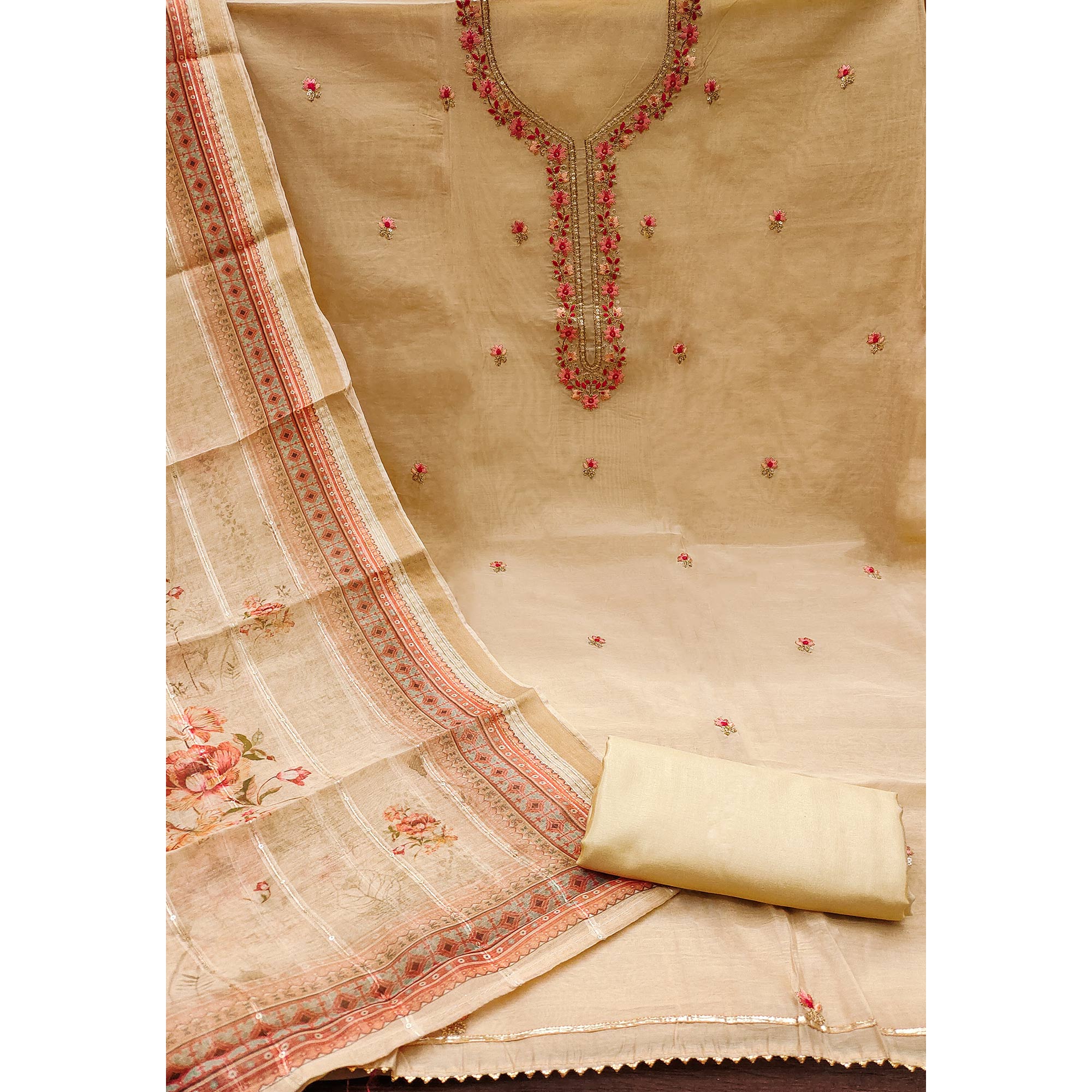 Beige Floral Embroidered Chanderi Dress Material