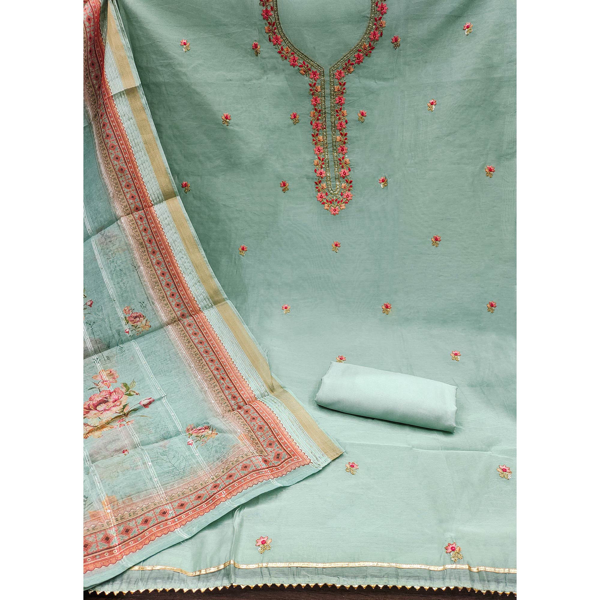 Sea Green Floral Embroidered Chanderi Dress Material